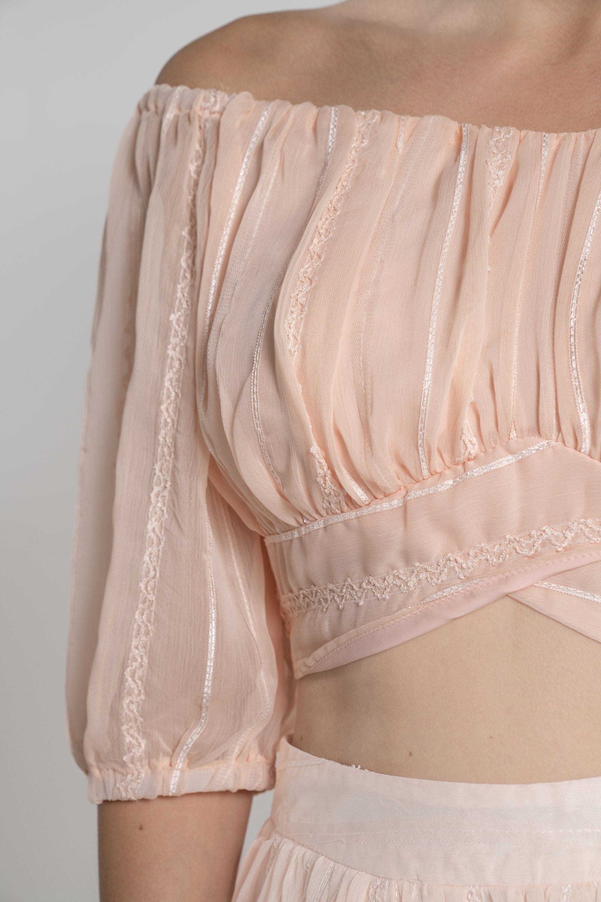 ميكا بلوزة خصر مرتفع أوف شولدر بأكمام 3/4 نسائي وردي فاتح