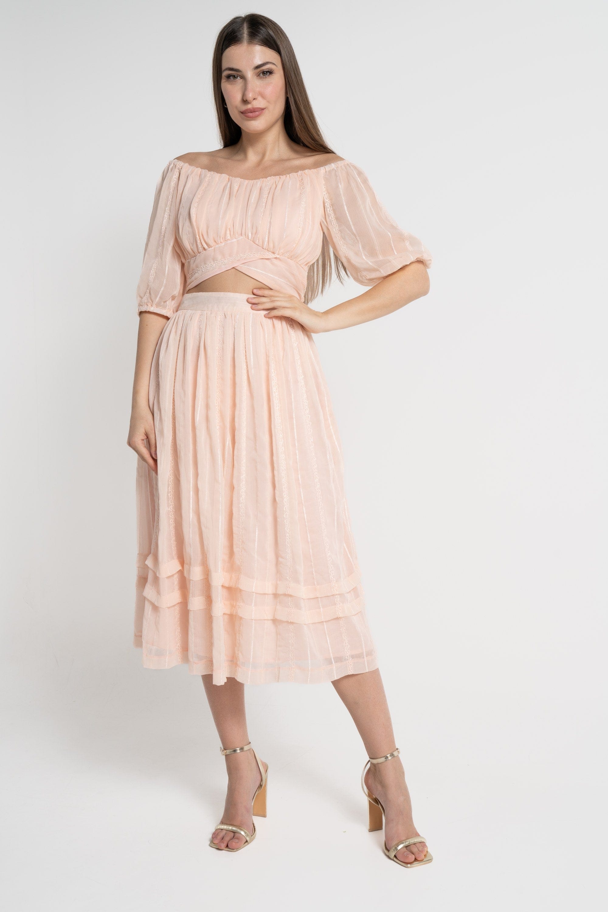 ميكا بلوزة خصر مرتفع أوف شولدر بأكمام 3/4 نسائي وردي فاتح