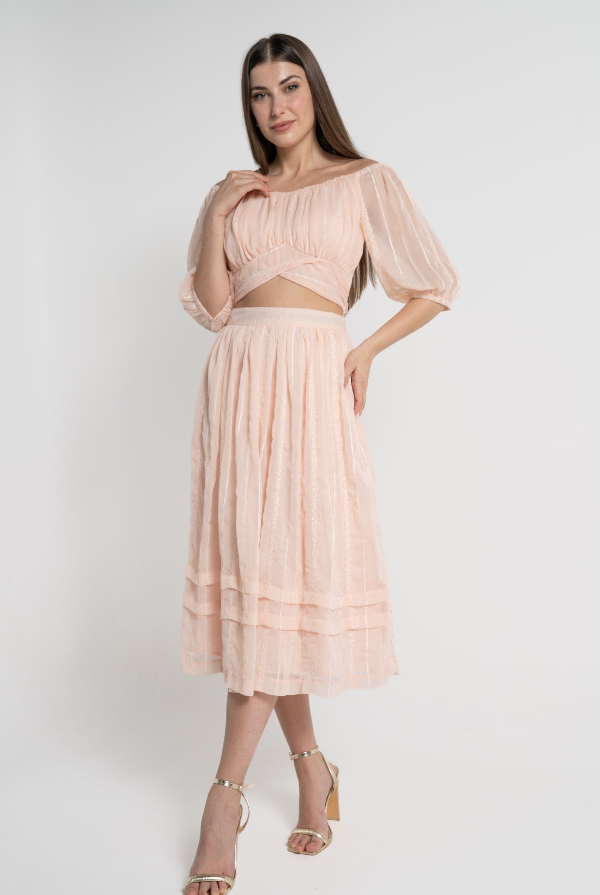 ميكا تنورة ميدي نسائية طبقات شيفون وردي فاتح