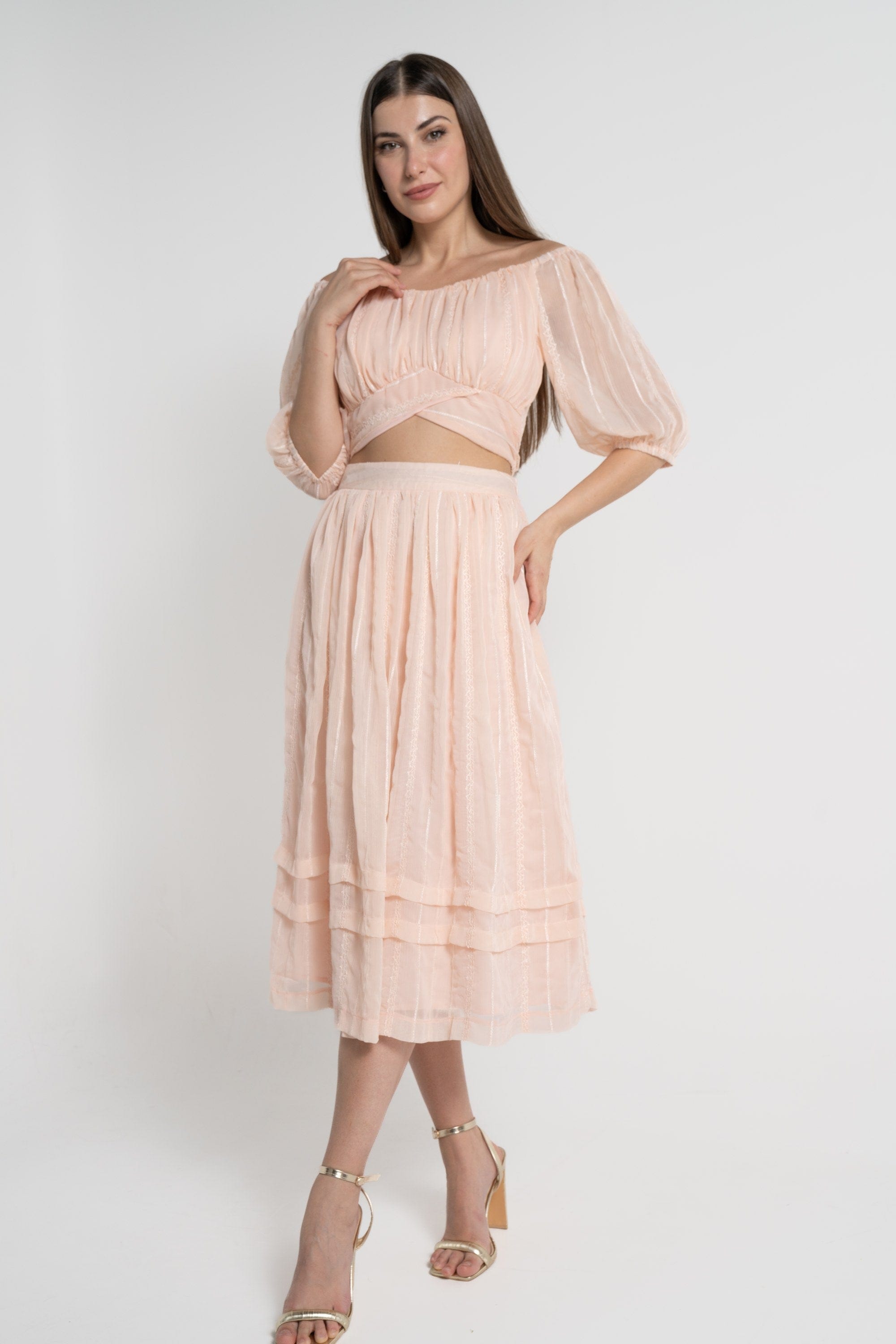 ميكا تنورة ميدي نسائية طبقات شيفون وردي فاتح