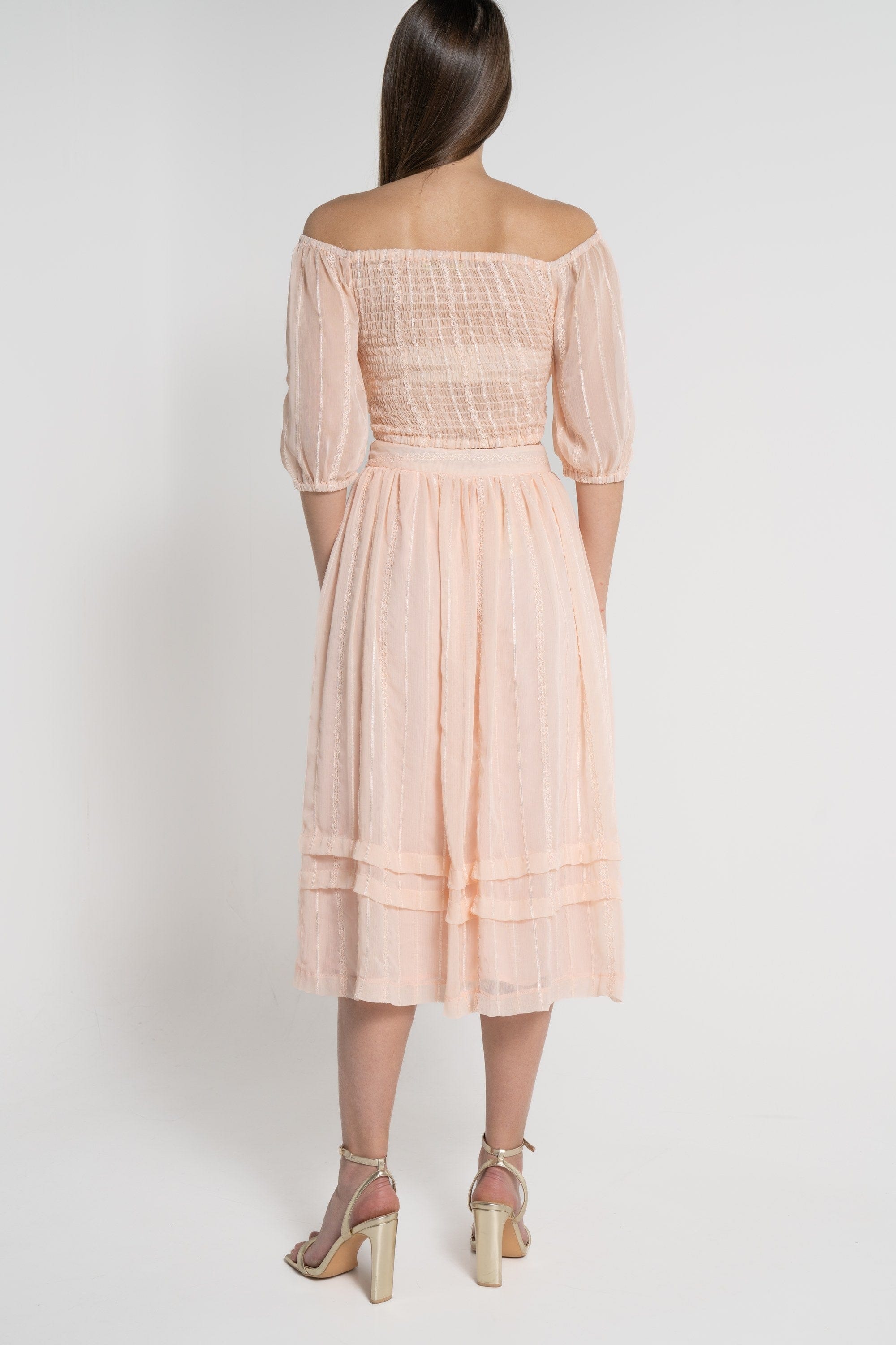 ميكا تنورة ميدي نسائية طبقات شيفون وردي فاتح