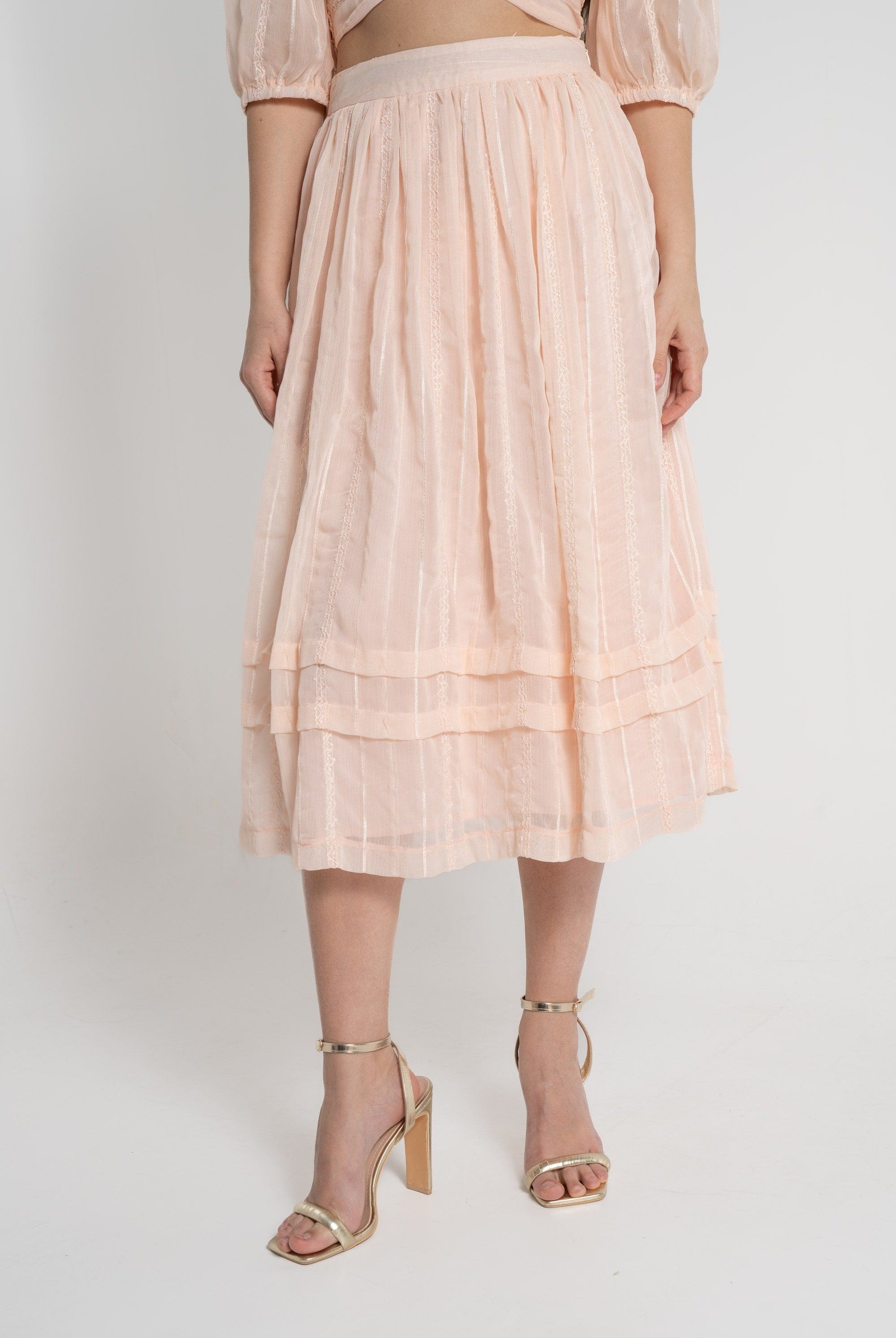 ميكا تنورة ميدي نسائية طبقات شيفون وردي فاتح