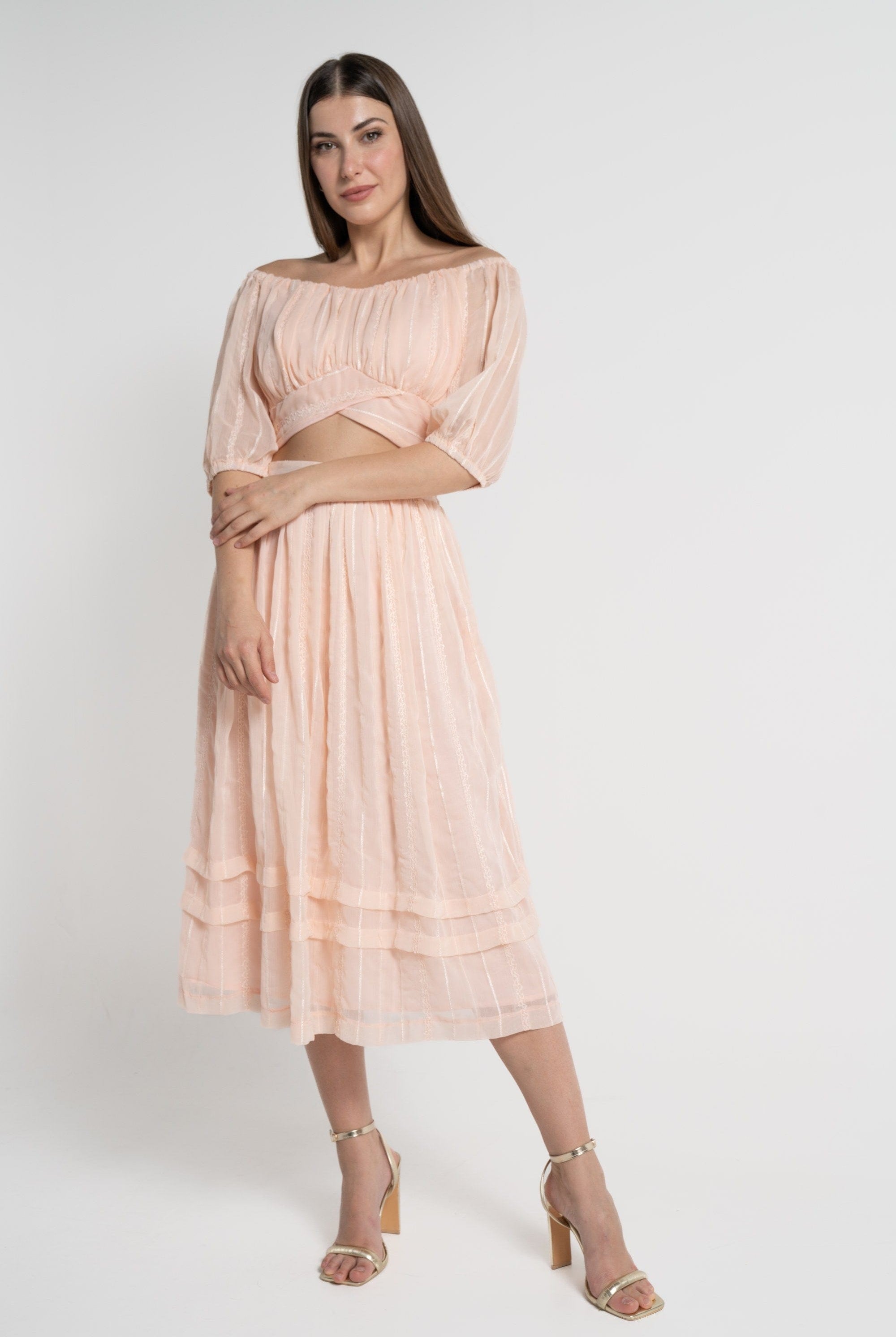 ميكا تنورة ميدي نسائية طبقات شيفون وردي فاتح