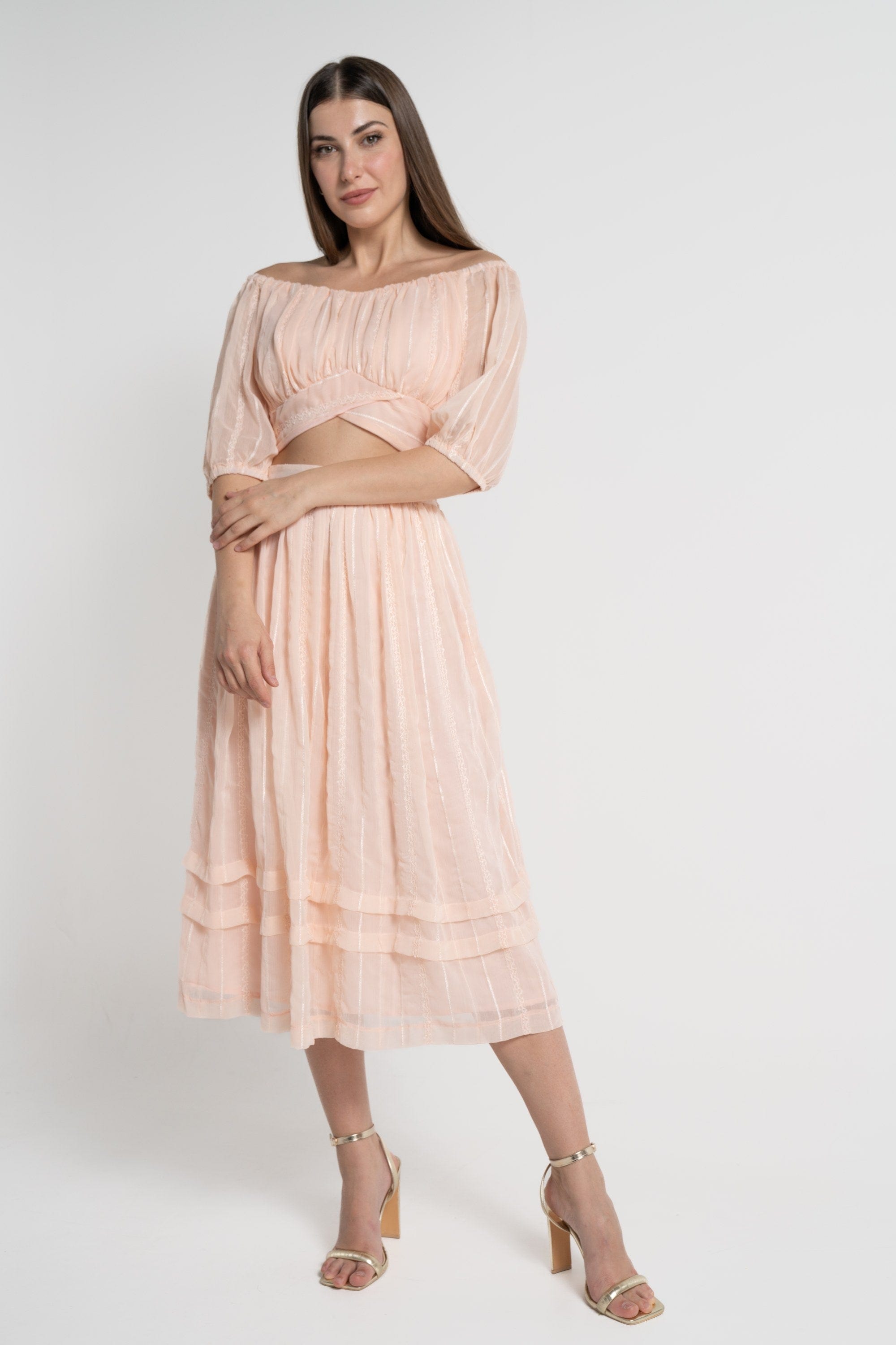 ميكا تنورة ميدي نسائية طبقات شيفون وردي فاتح