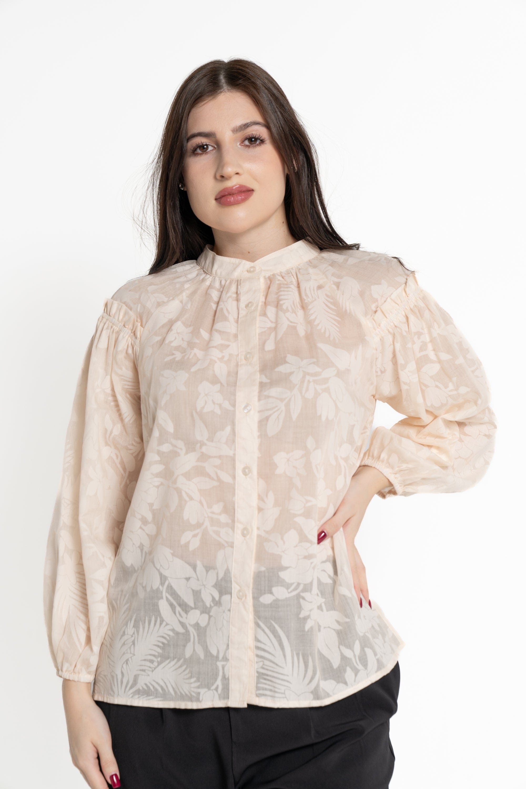 ميكا بلوزة بأكمام طويلة نسائية بكشكش بأزرار أمامية