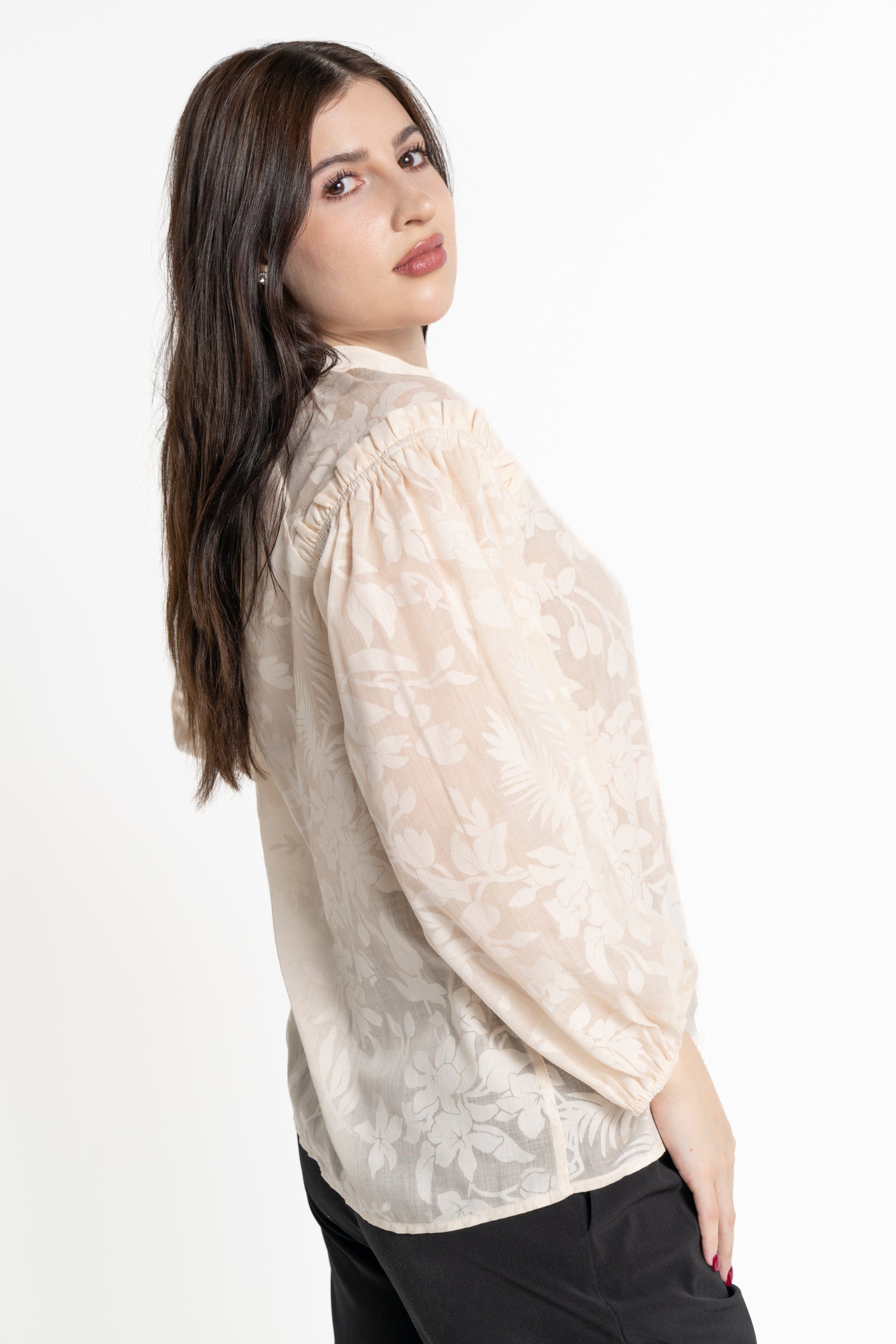 ميكا بلوزة بأكمام طويلة نسائية بكشكش بأزرار أمامية