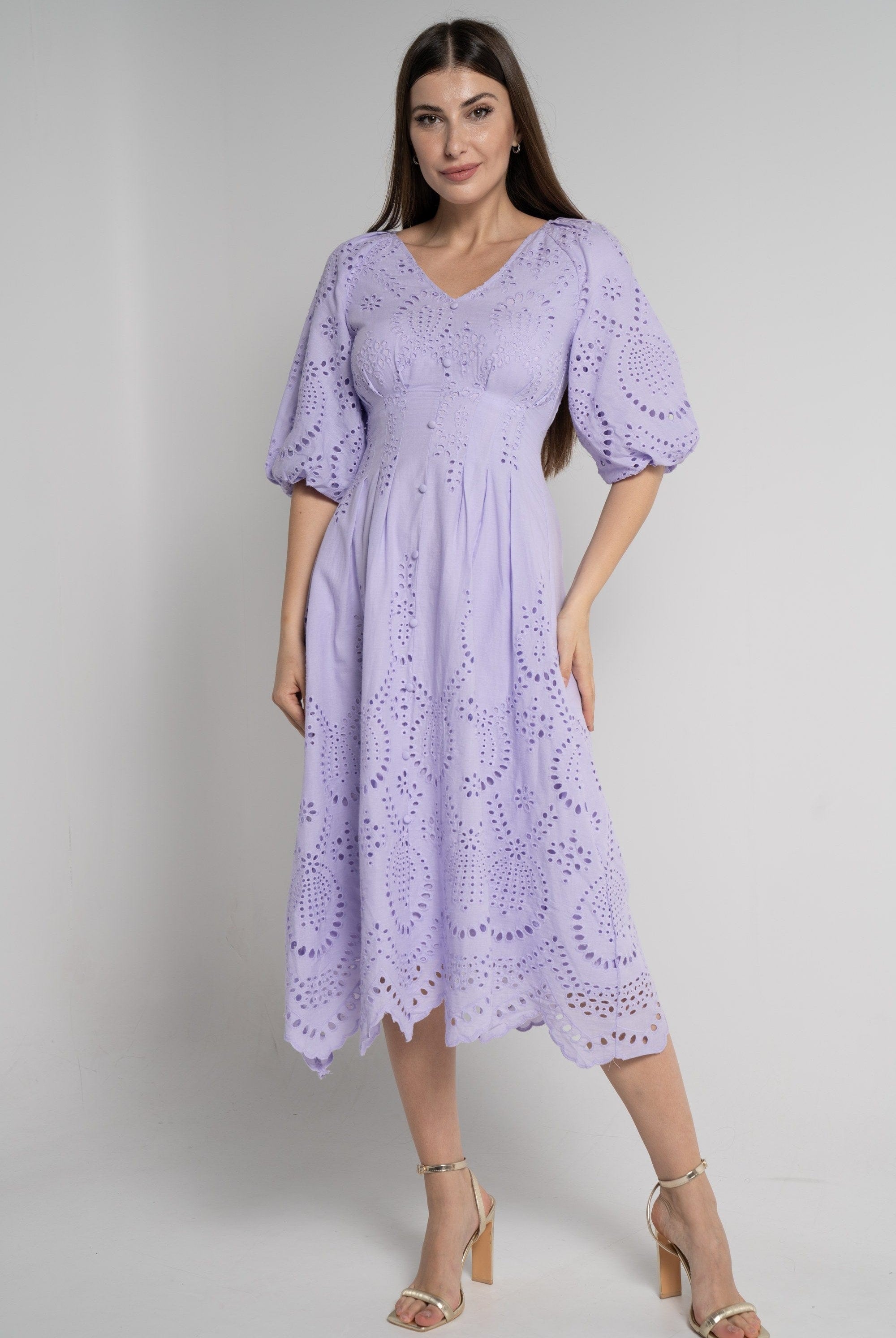 ميكا فستان ميدي بأكمام 3/4 كم مخرم نسائي