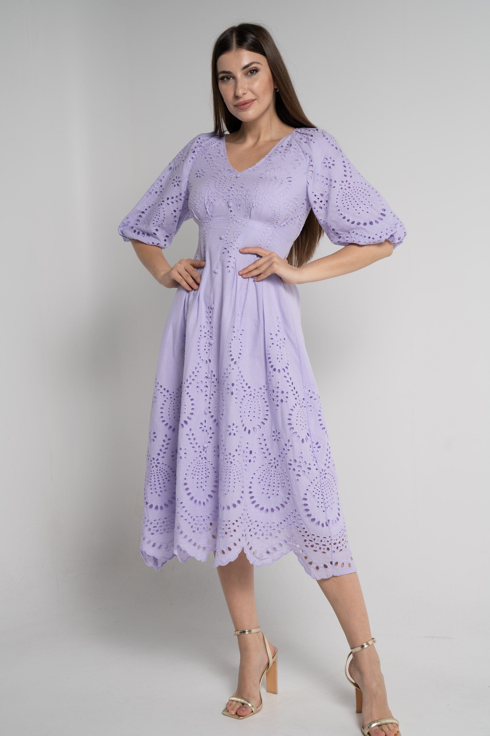 ميكا فستان ميدي بأكمام 3/4 كم مخرم نسائي