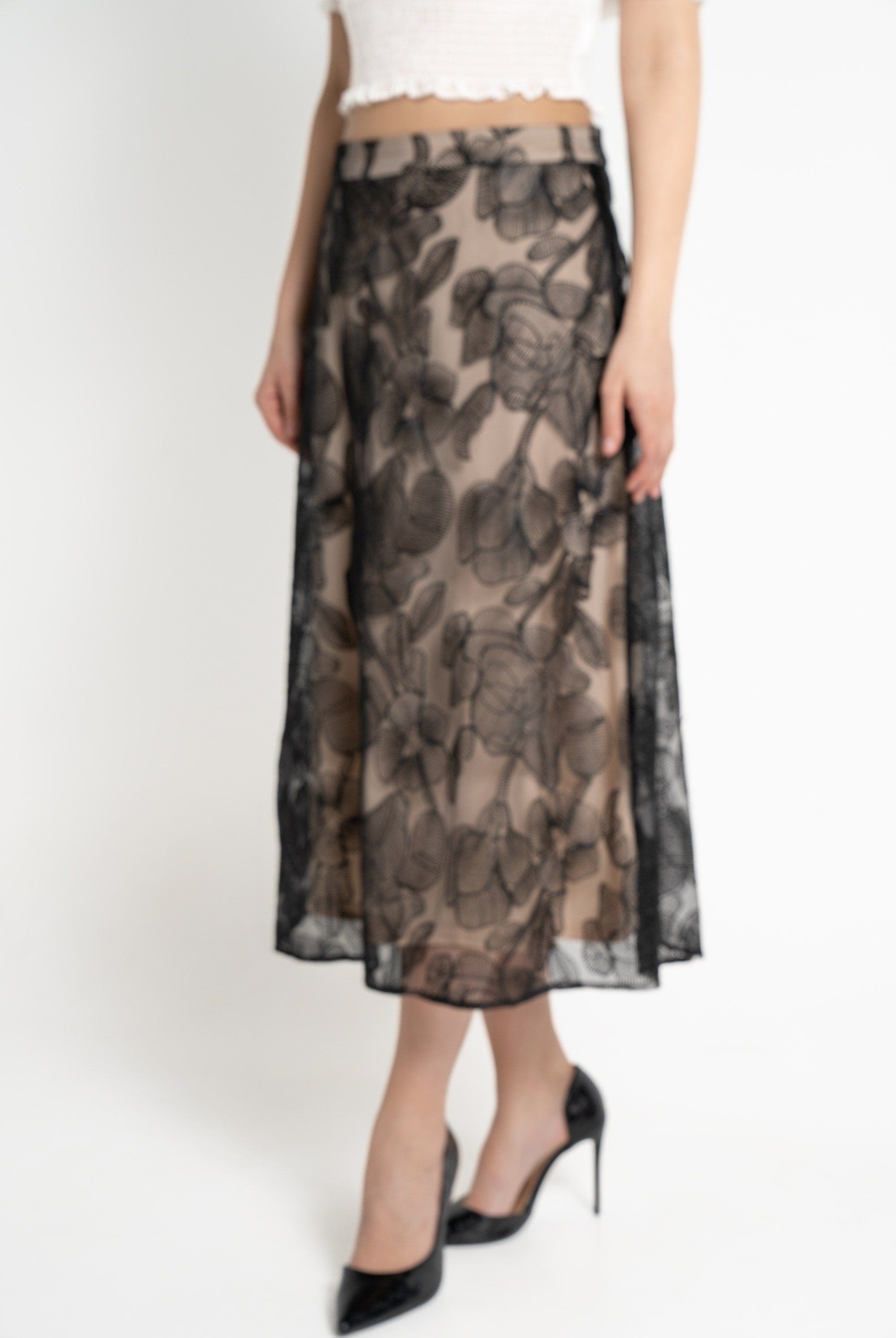 ميكا تنورة ميدي نسائية شيفون مطرز بيج