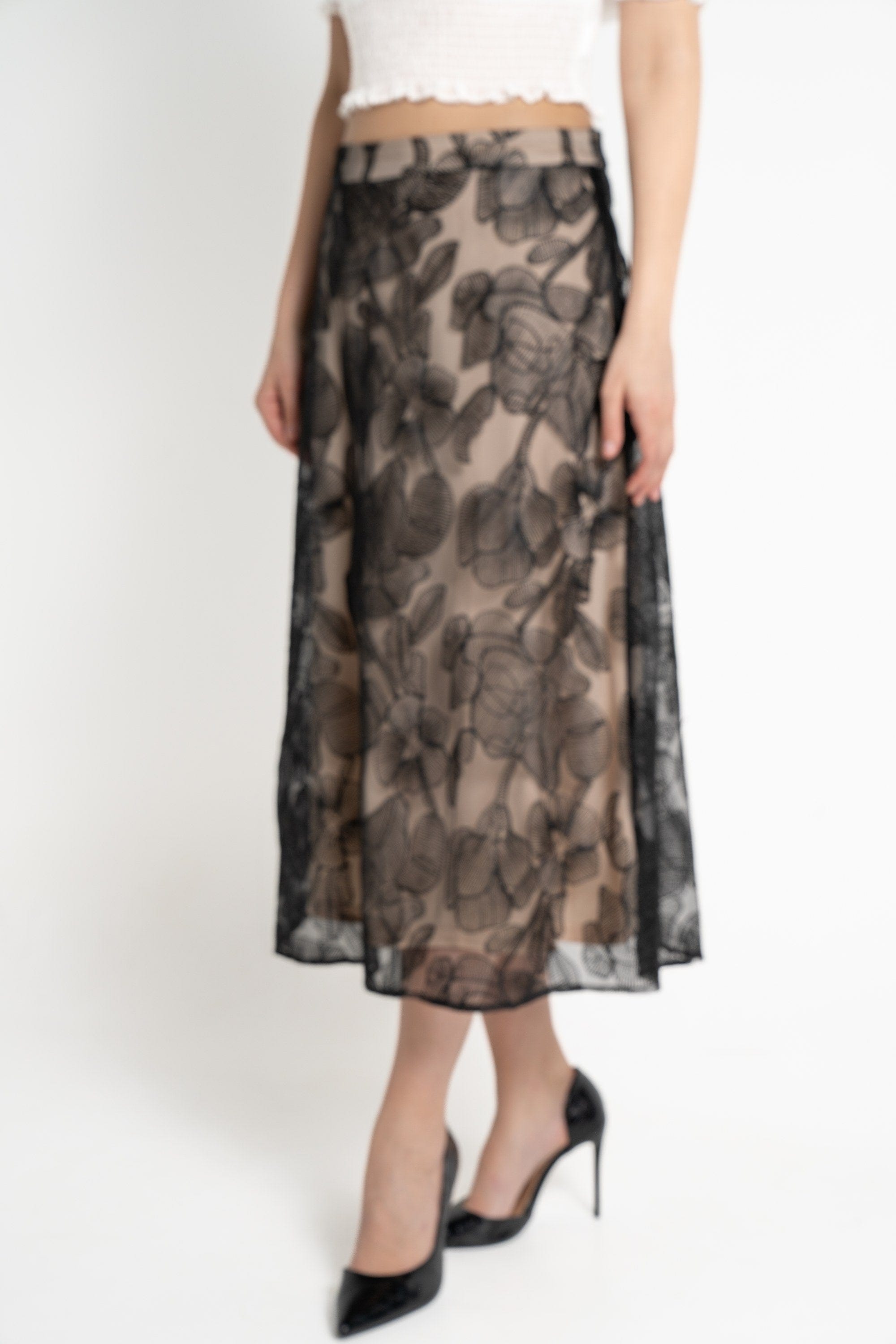 ميكا تنورة ميدي نسائية شيفون مطرز بيج