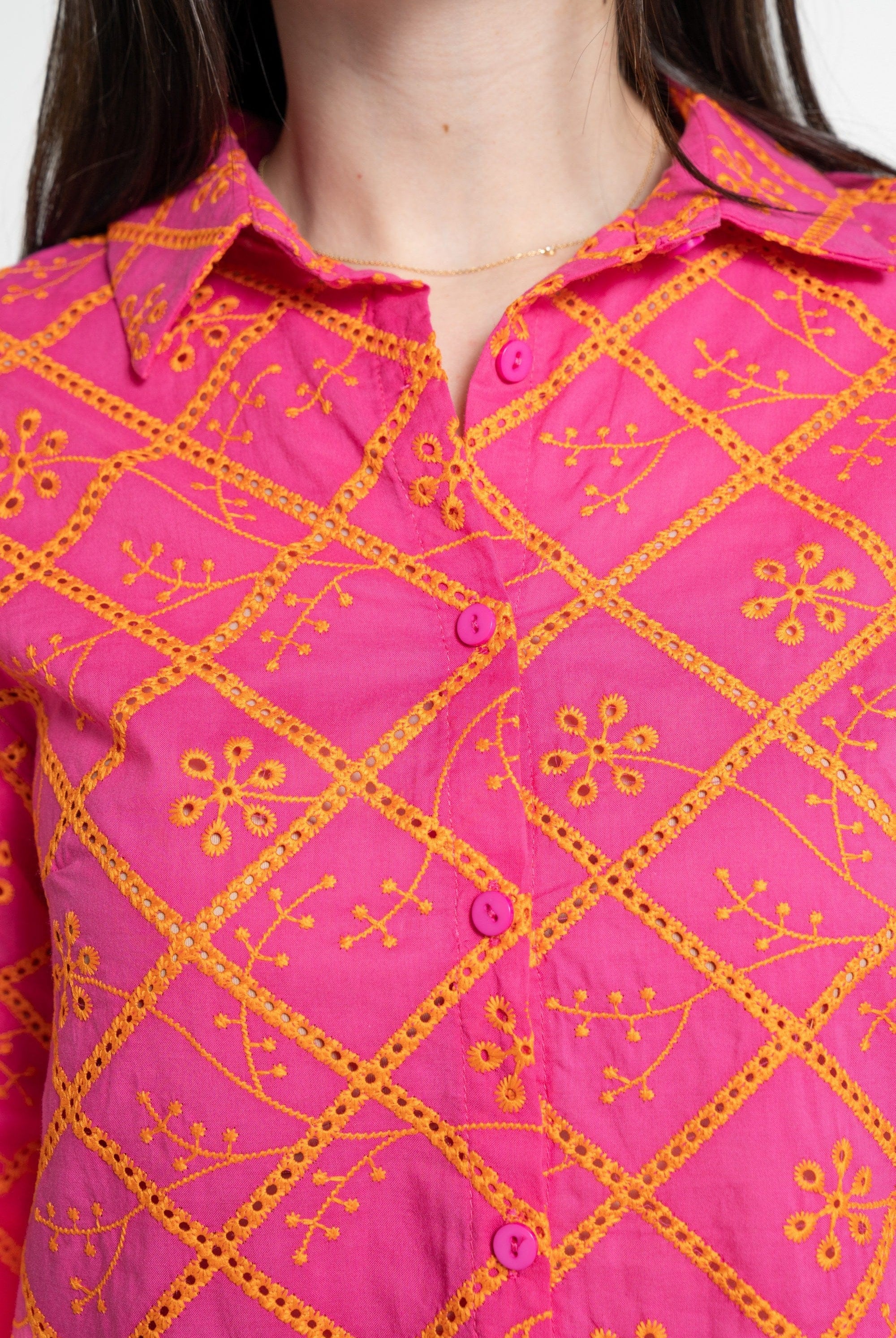 ميكا قميص بأكمام طويلة مخرم مورد نسائي فوشيا