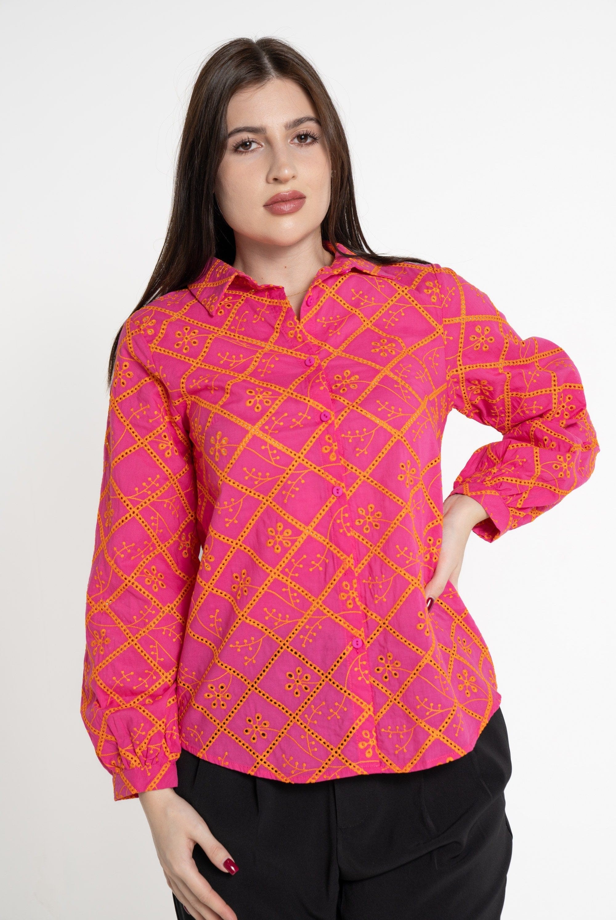 ميكا قميص بأكمام طويلة مخرم مورد نسائي فوشيا
