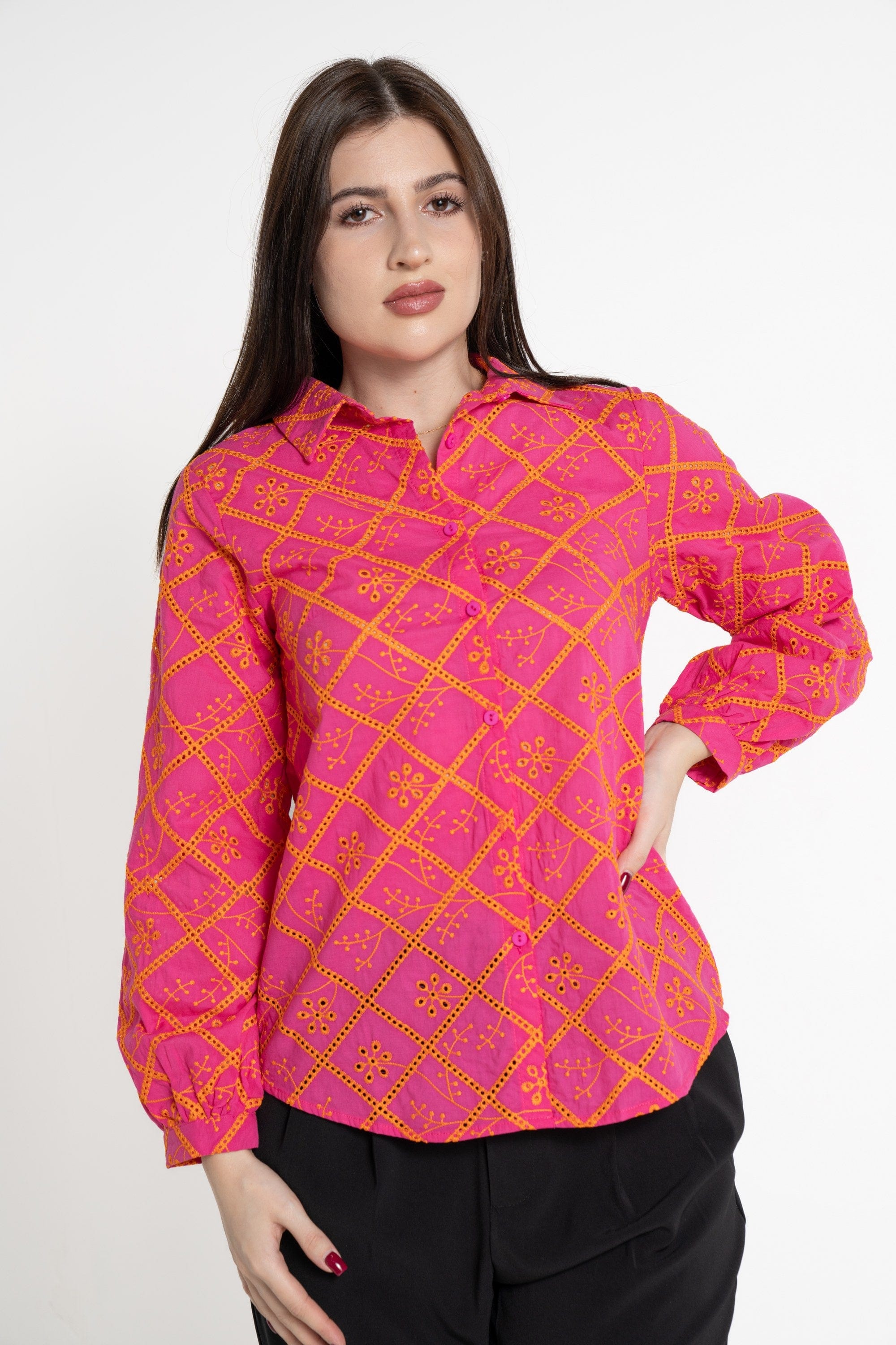 ميكا قميص بأكمام طويلة مخرم مورد نسائي فوشيا