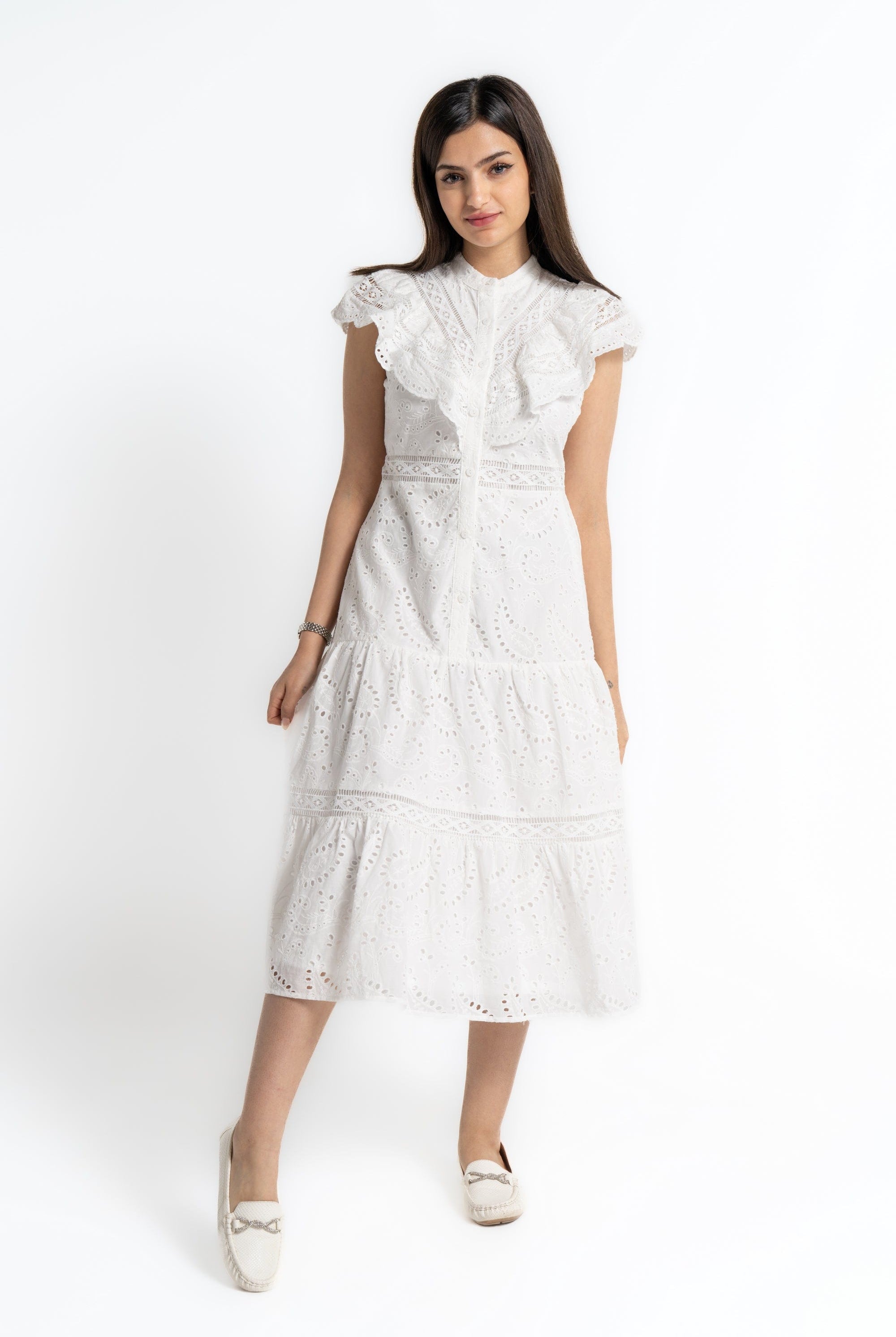 ميكا فستان ميدي بكرانيش على الصدر بأكمام قصيرة