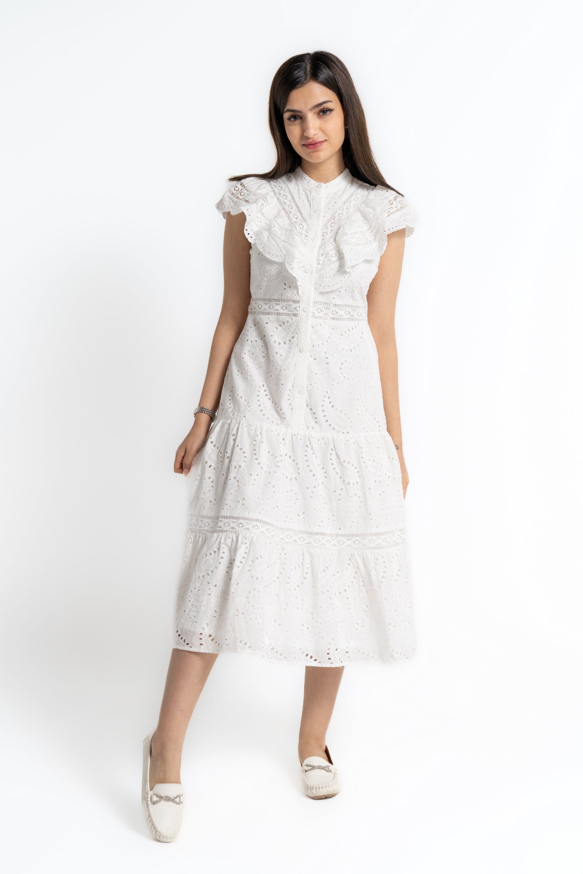 ميكا فستان ميدي بكرانيش على الصدر بأكمام قصيرة