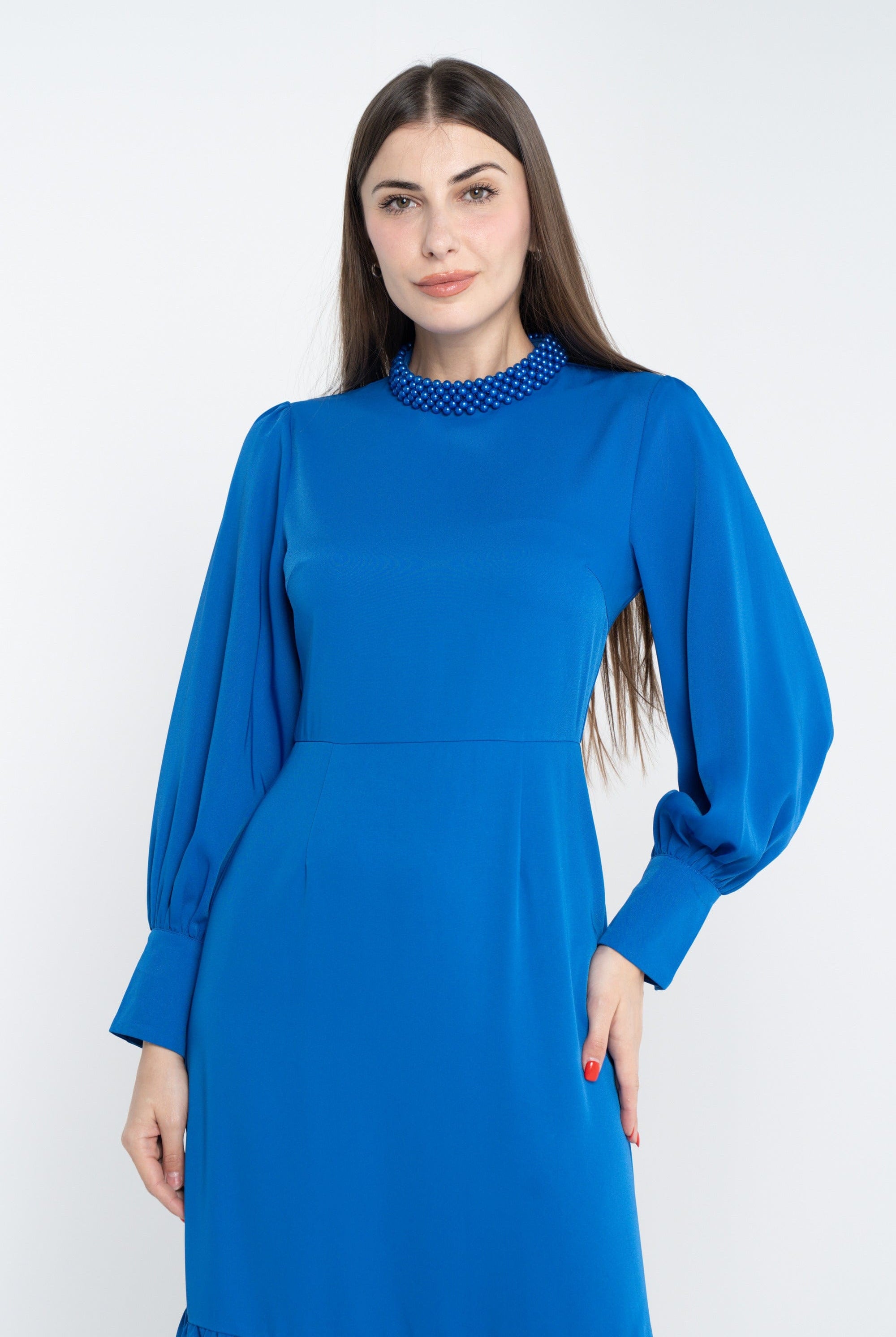 ميكا فستان ميدي سادة مخصر كلوش من أسفل كم طويل