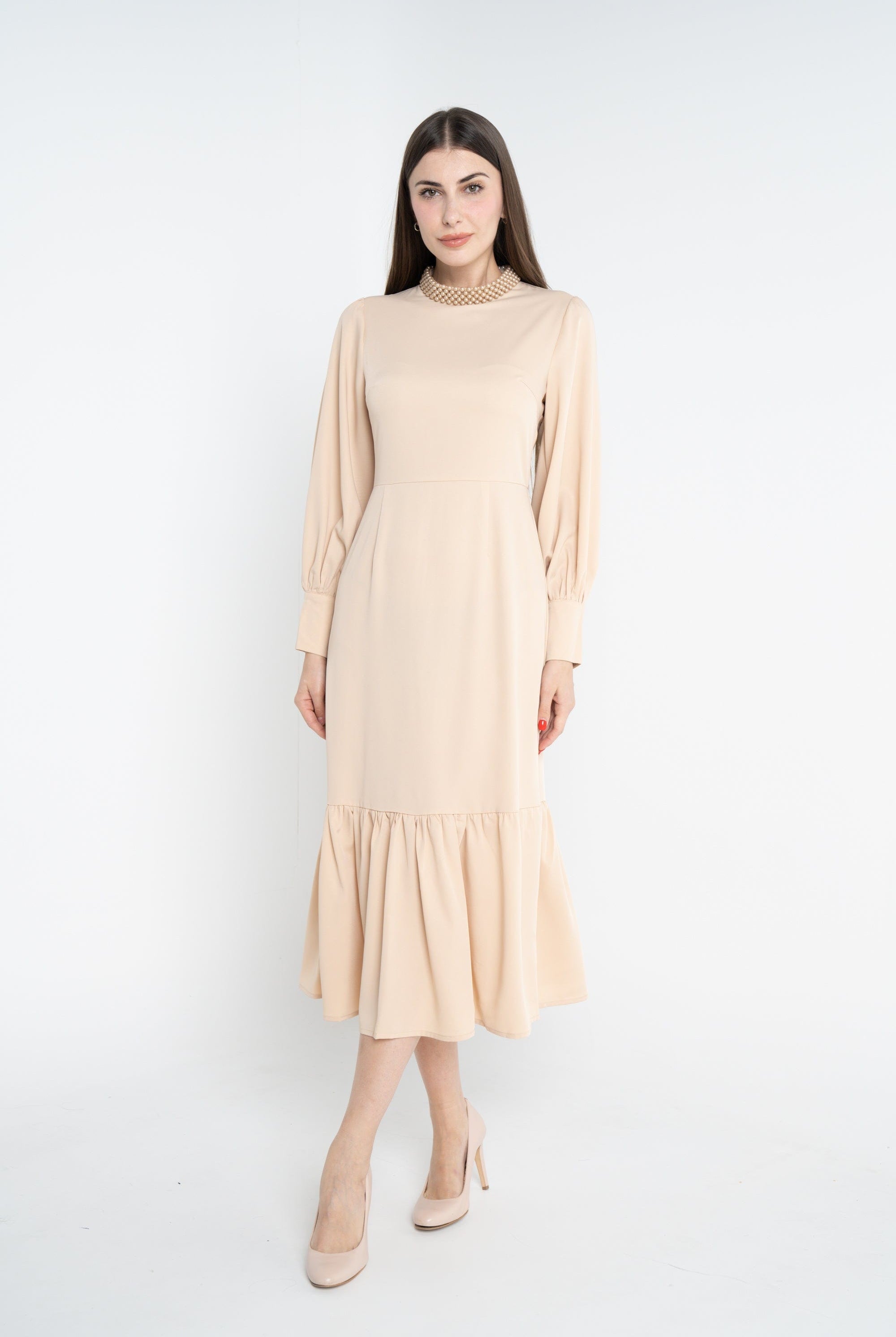 ميكا فستان ميدي سادة مخصر كلوش من أسفل كم طويل