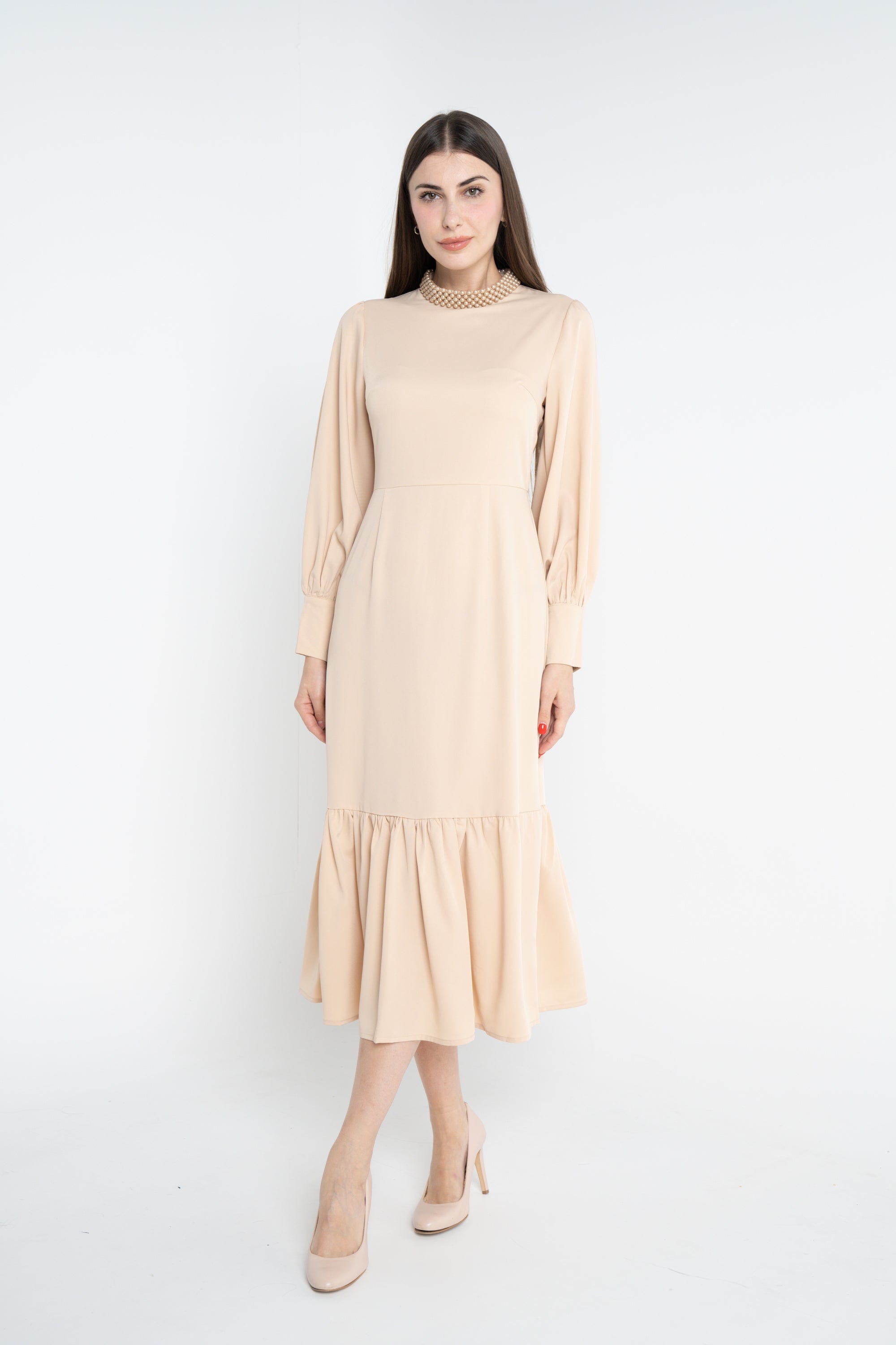 ميكا فستان ميدي سادة مخصر كلوش من أسفل كم طويل