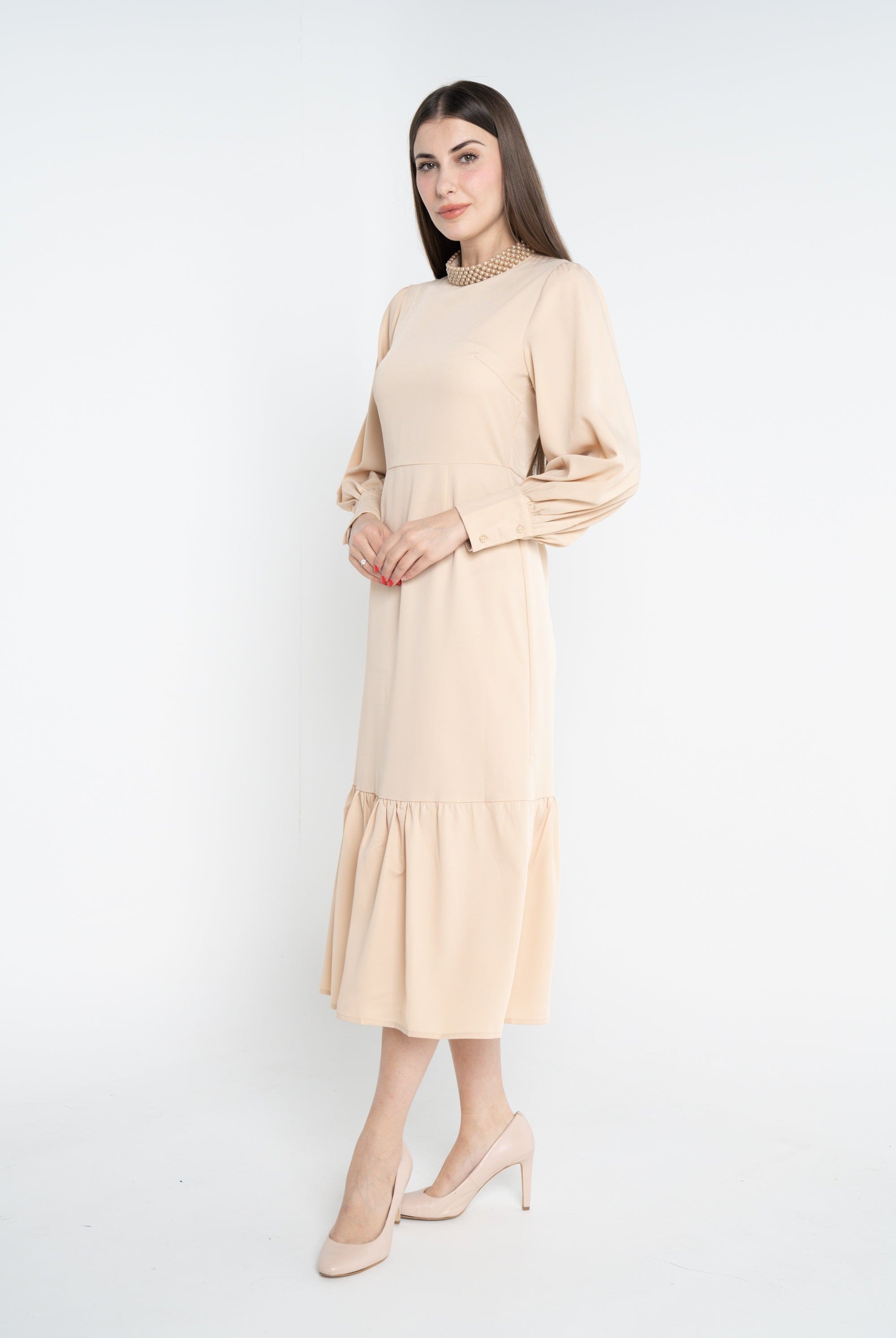 ميكا فستان ميدي سادة مخصر كلوش من أسفل كم طويل