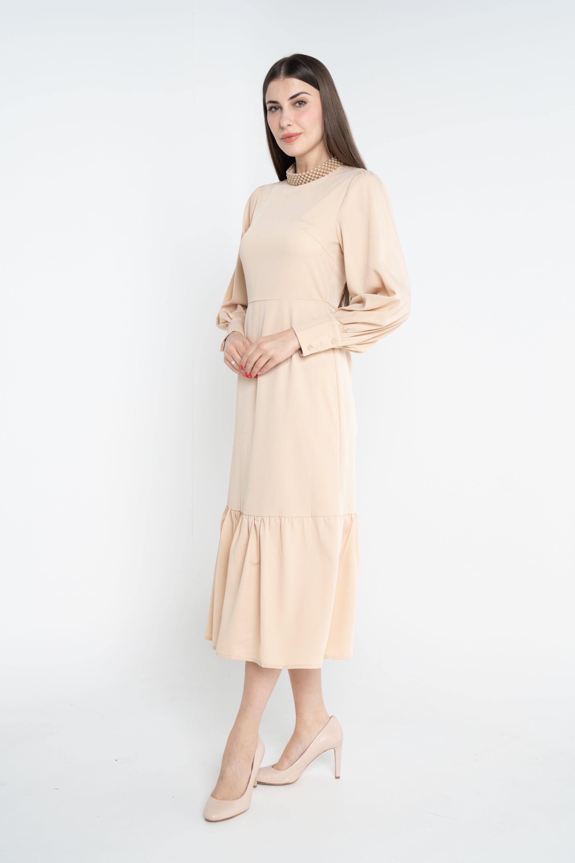 ميكا فستان ميدي سادة مخصر كلوش من أسفل كم طويل