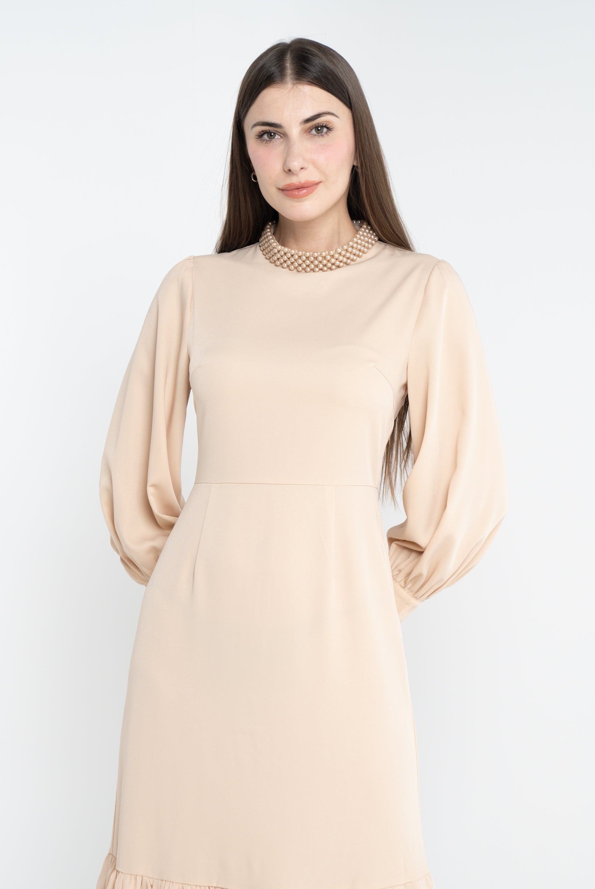 ميكا فستان ميدي سادة مخصر كلوش من أسفل كم طويل