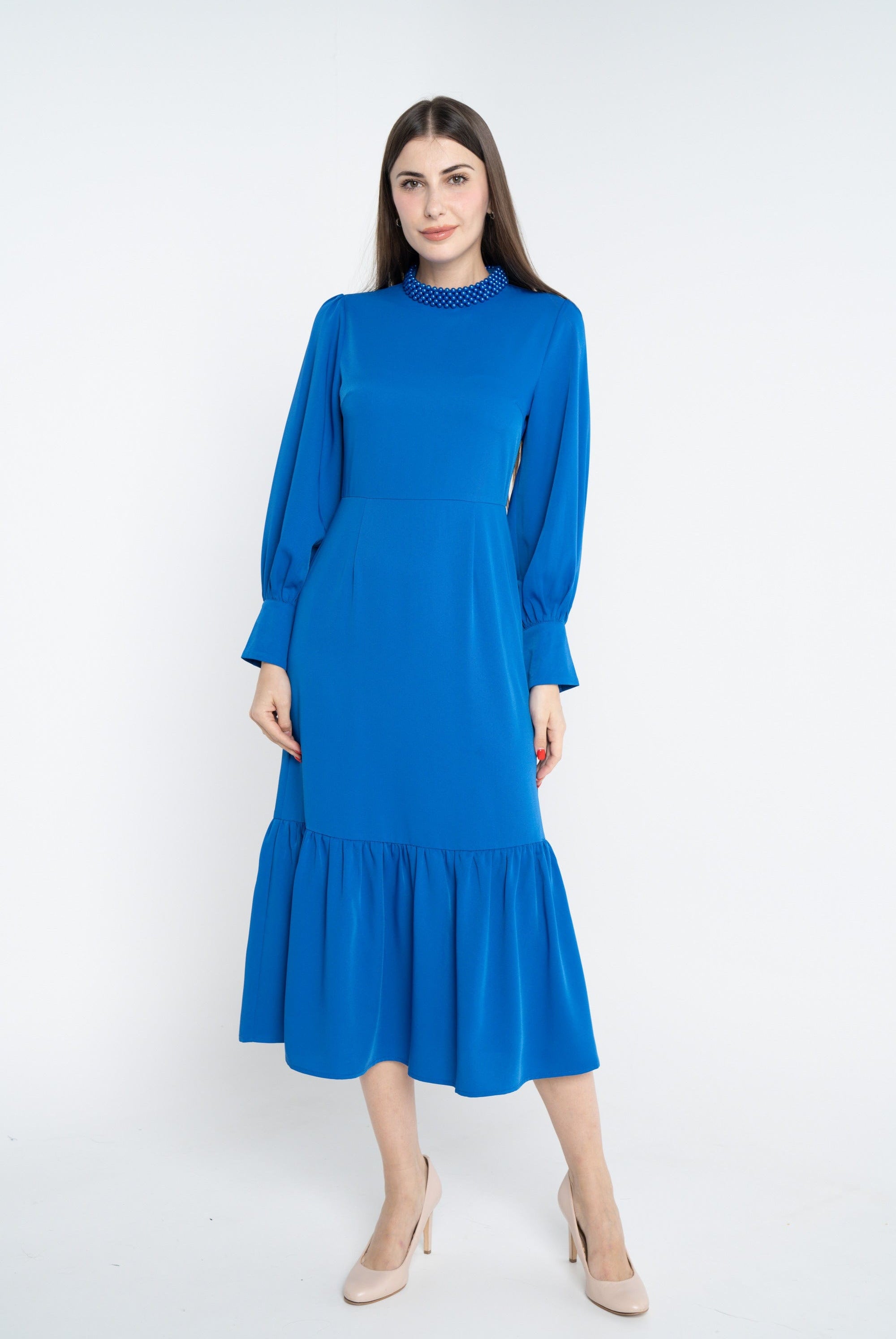 ميكا فستان ميدي سادة مخصر كلوش من أسفل كم طويل