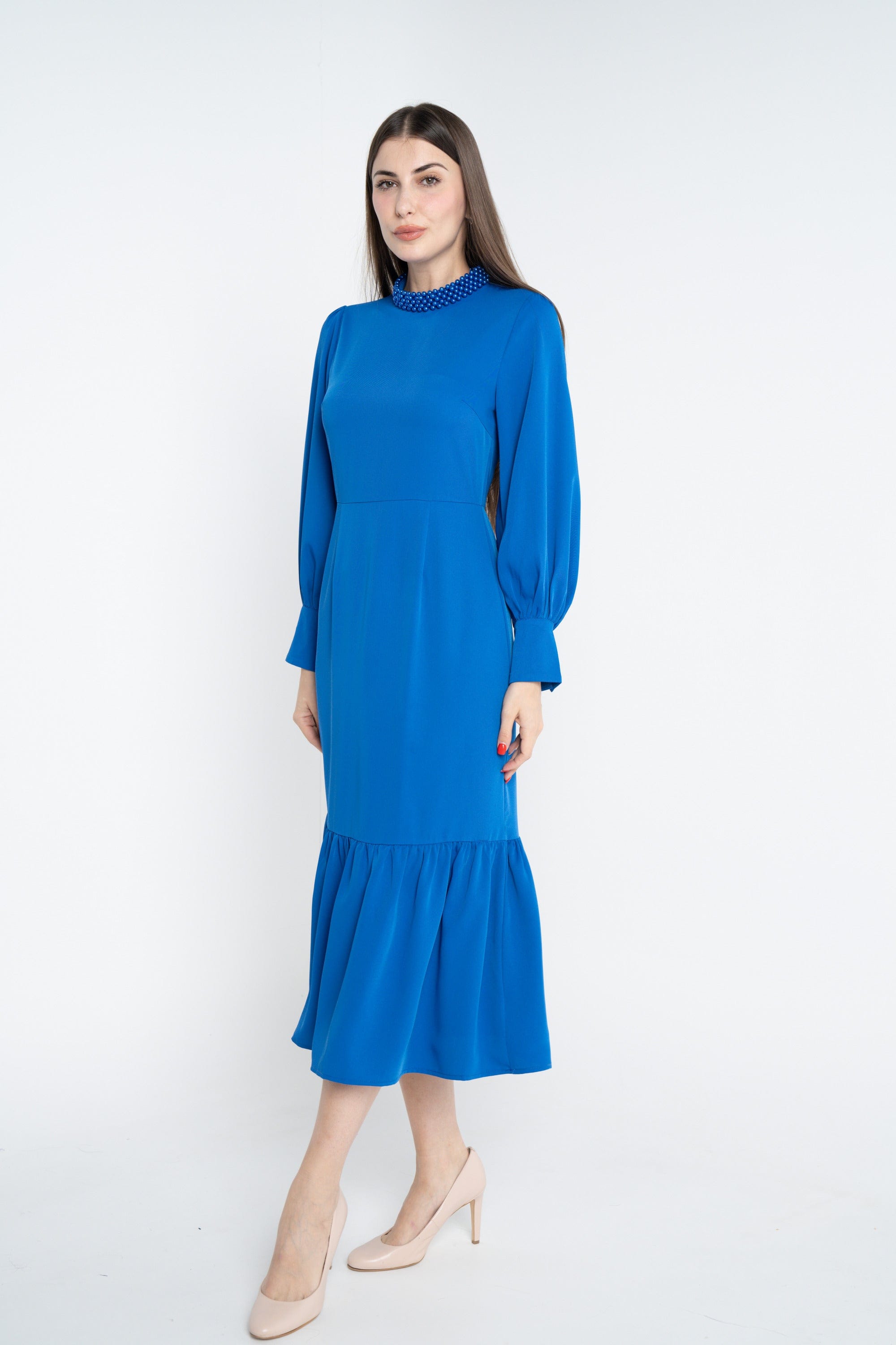 ميكا فستان ميدي سادة مخصر كلوش من أسفل كم طويل