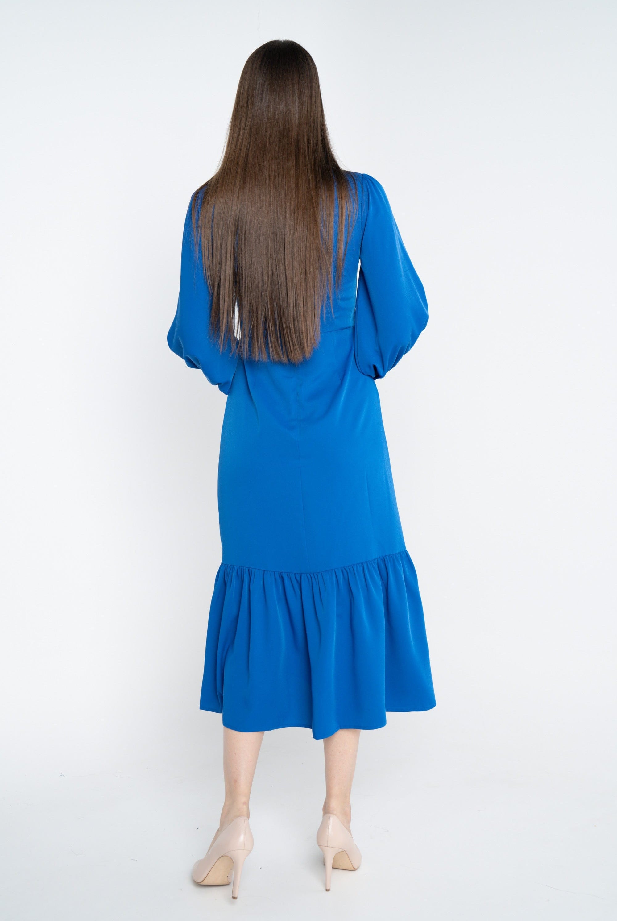 ميكا فستان ميدي سادة مخصر كلوش من أسفل كم طويل