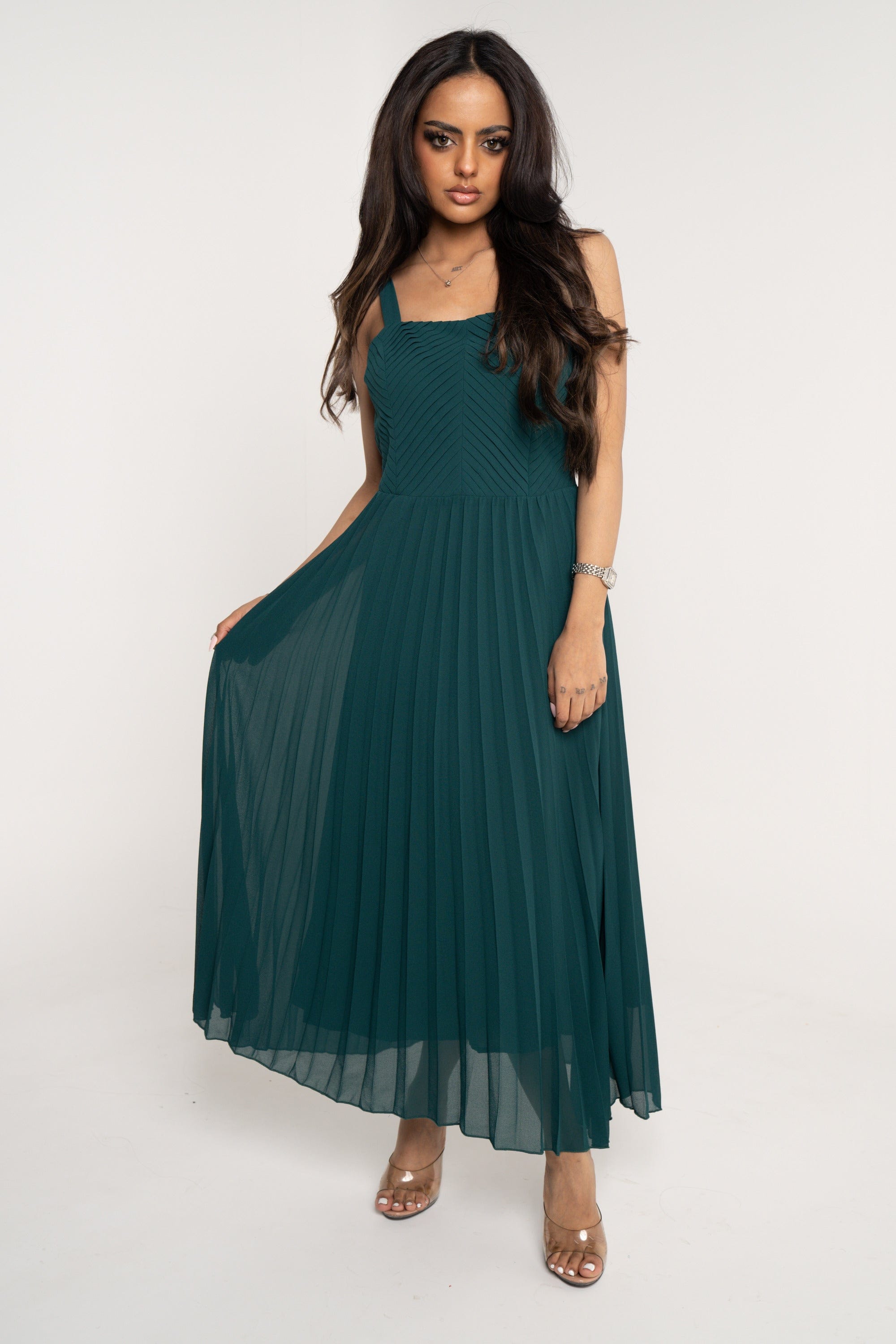 ميكا فستان ميدي بدون أكمام حمالات بليسية