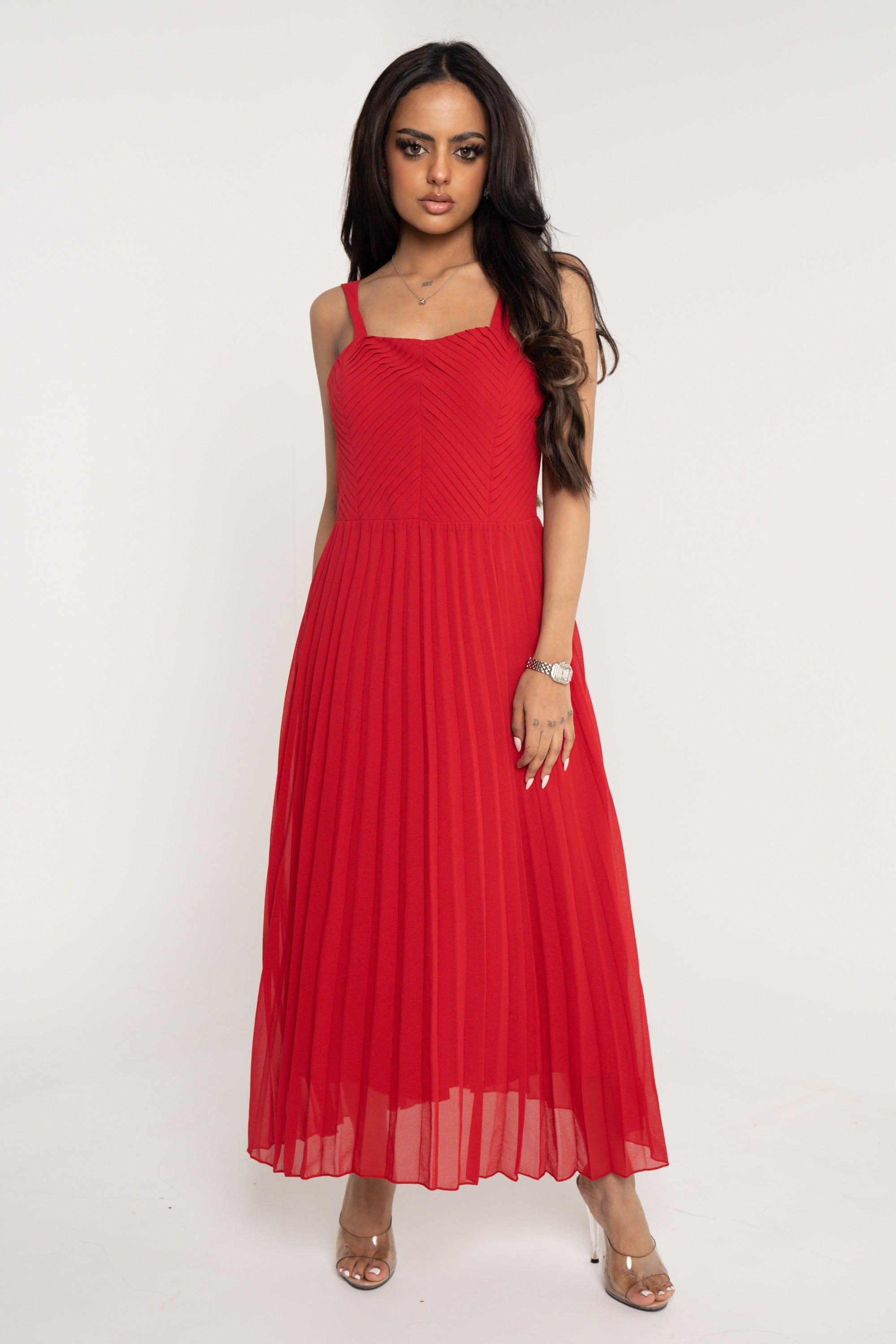 ميكا فستان ميدي بدون أكمام حمالات بليسية