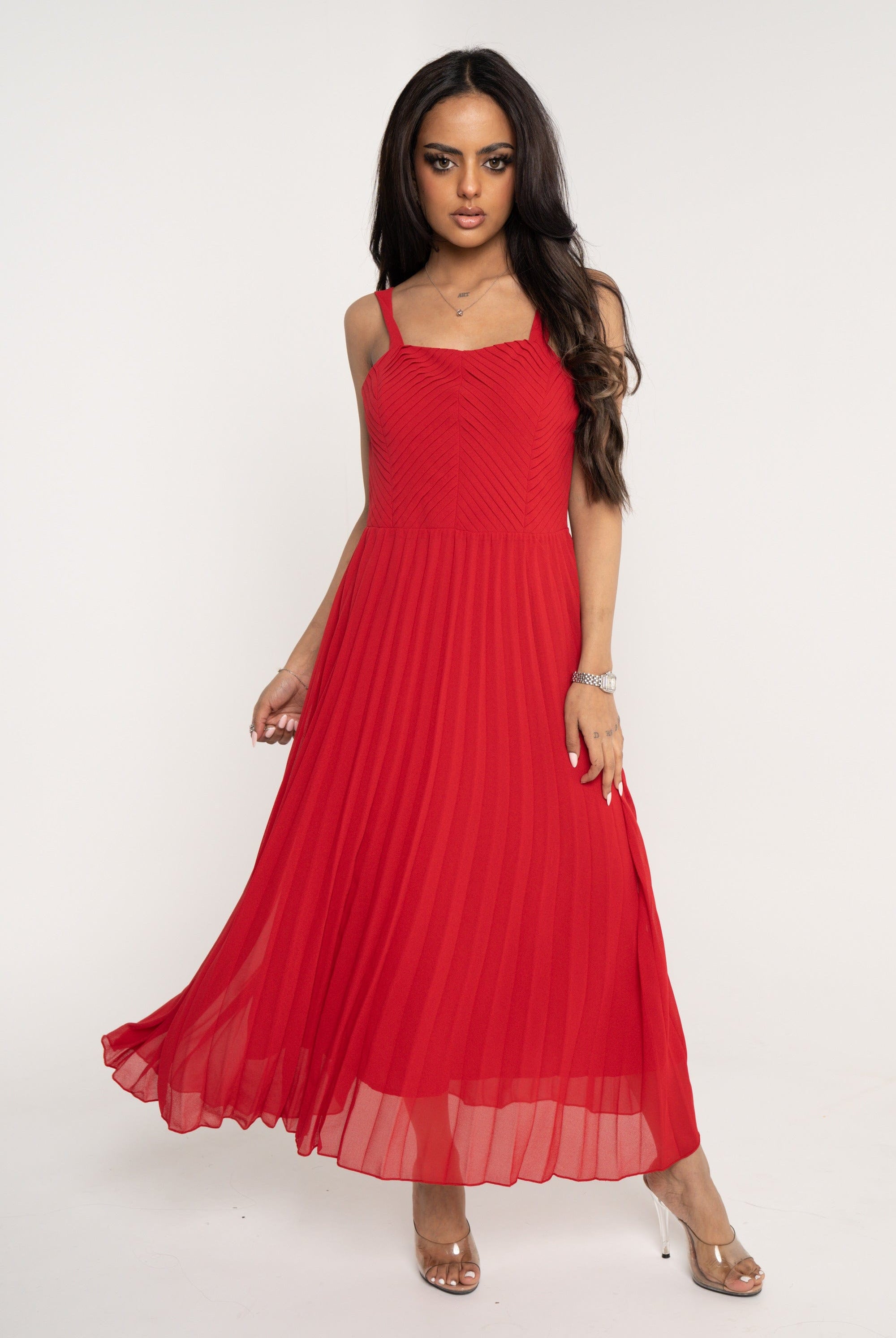 ميكا فستان ميدي بدون أكمام حمالات بليسية