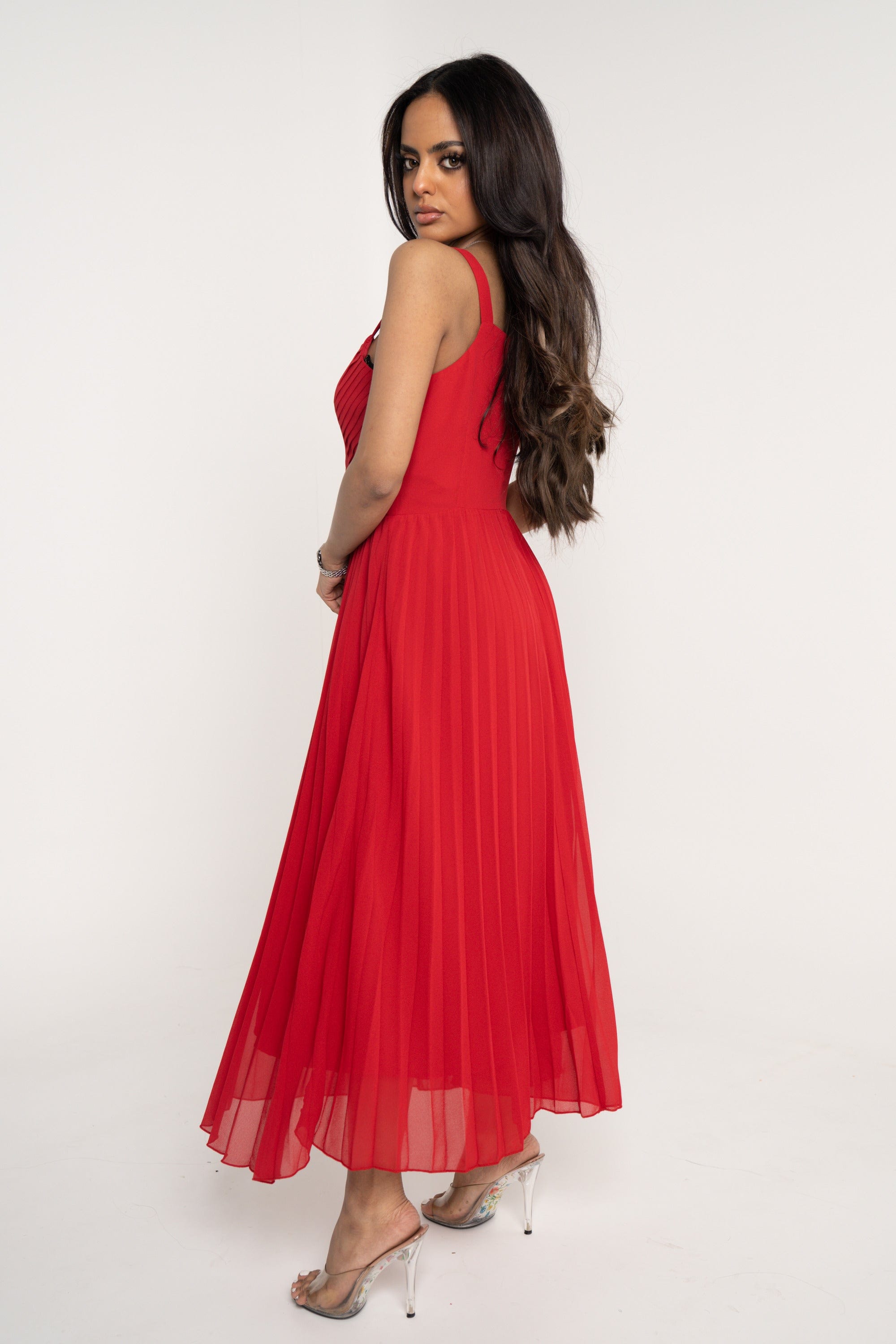 ميكا فستان ميدي بدون أكمام حمالات بليسية