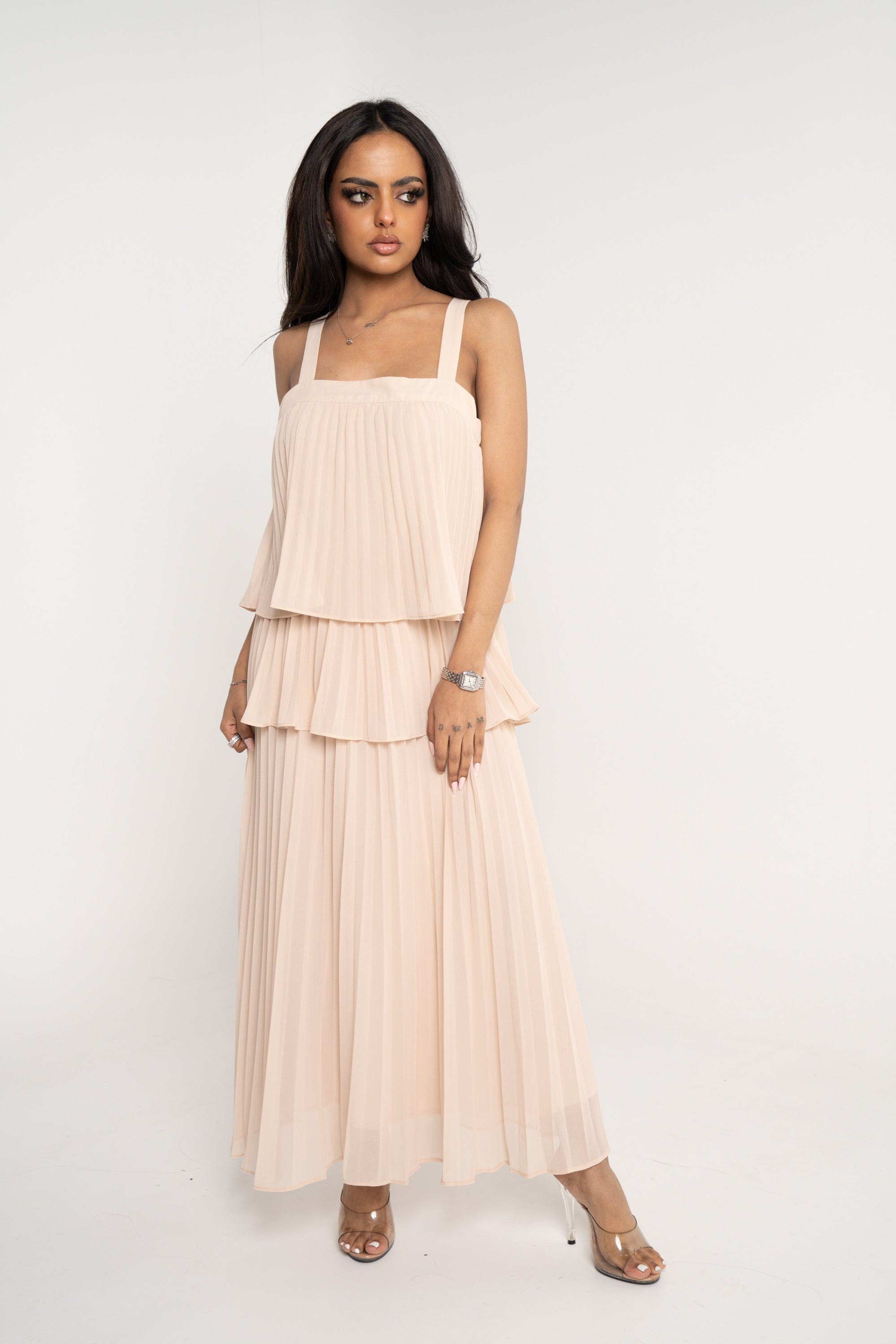 ميكا فستان ميدي بدون أكمام طبقات بليسية