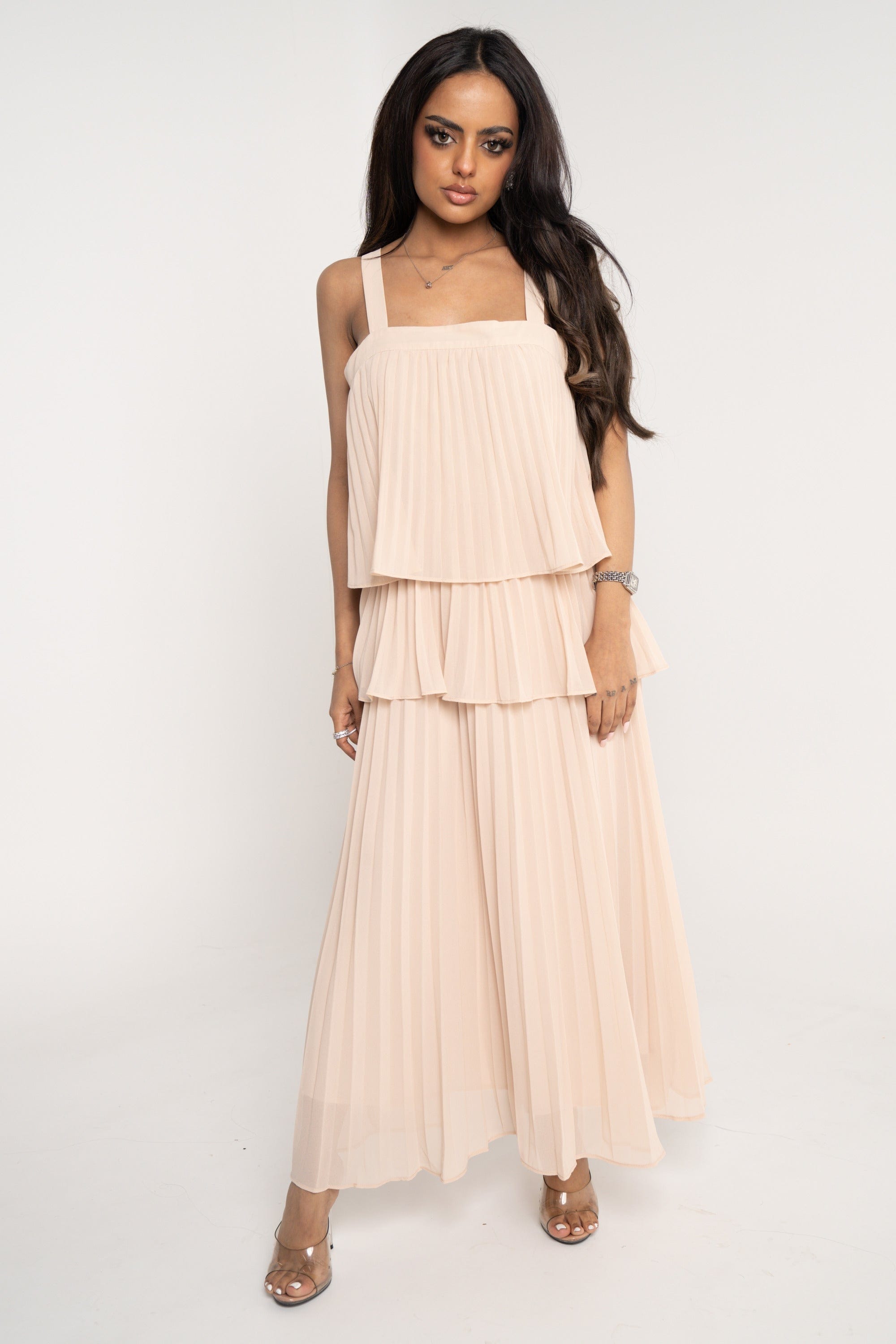 ميكا فستان ميدي بدون أكمام طبقات بليسية