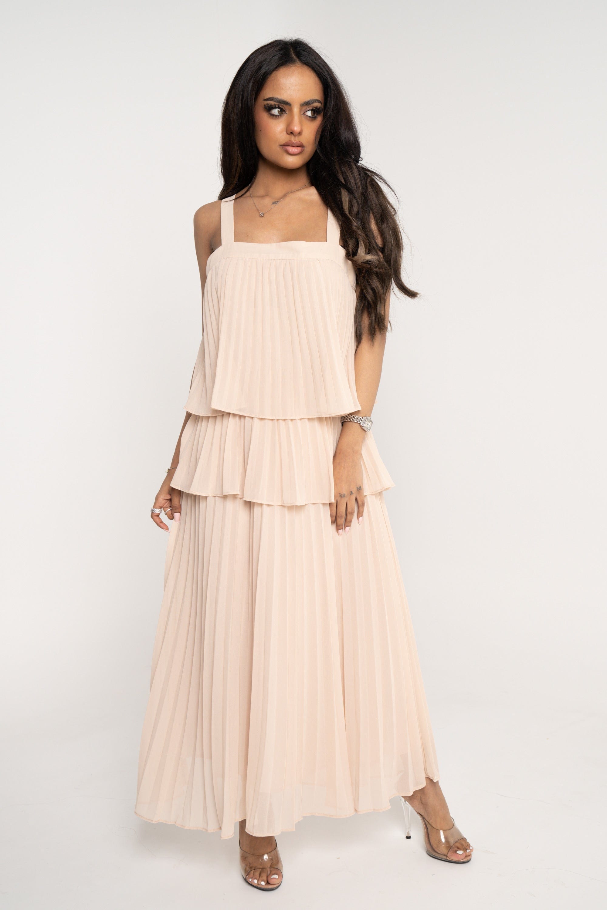 ميكا فستان ميدي بدون أكمام طبقات بليسية