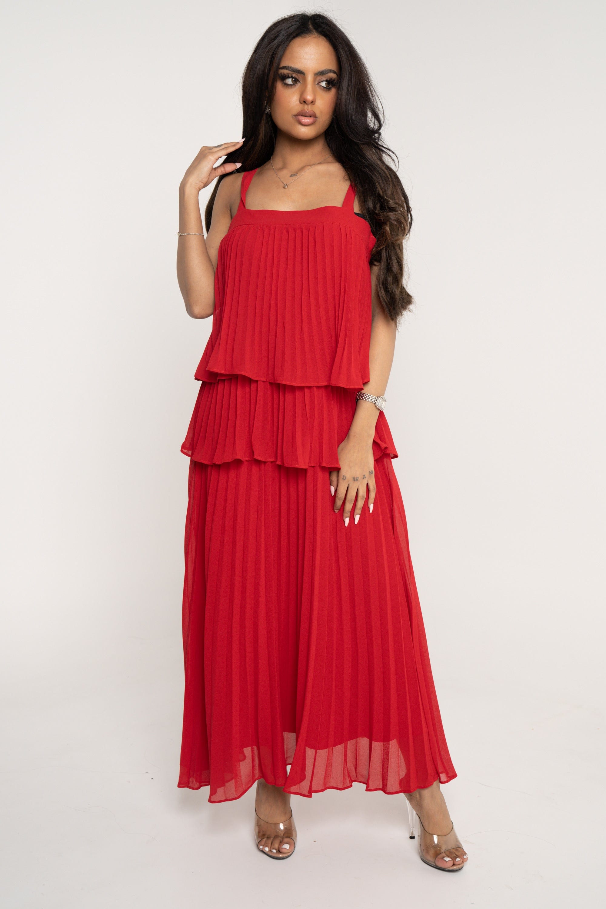 ميكا فستان ميدي بدون أكمام طبقات بليسية