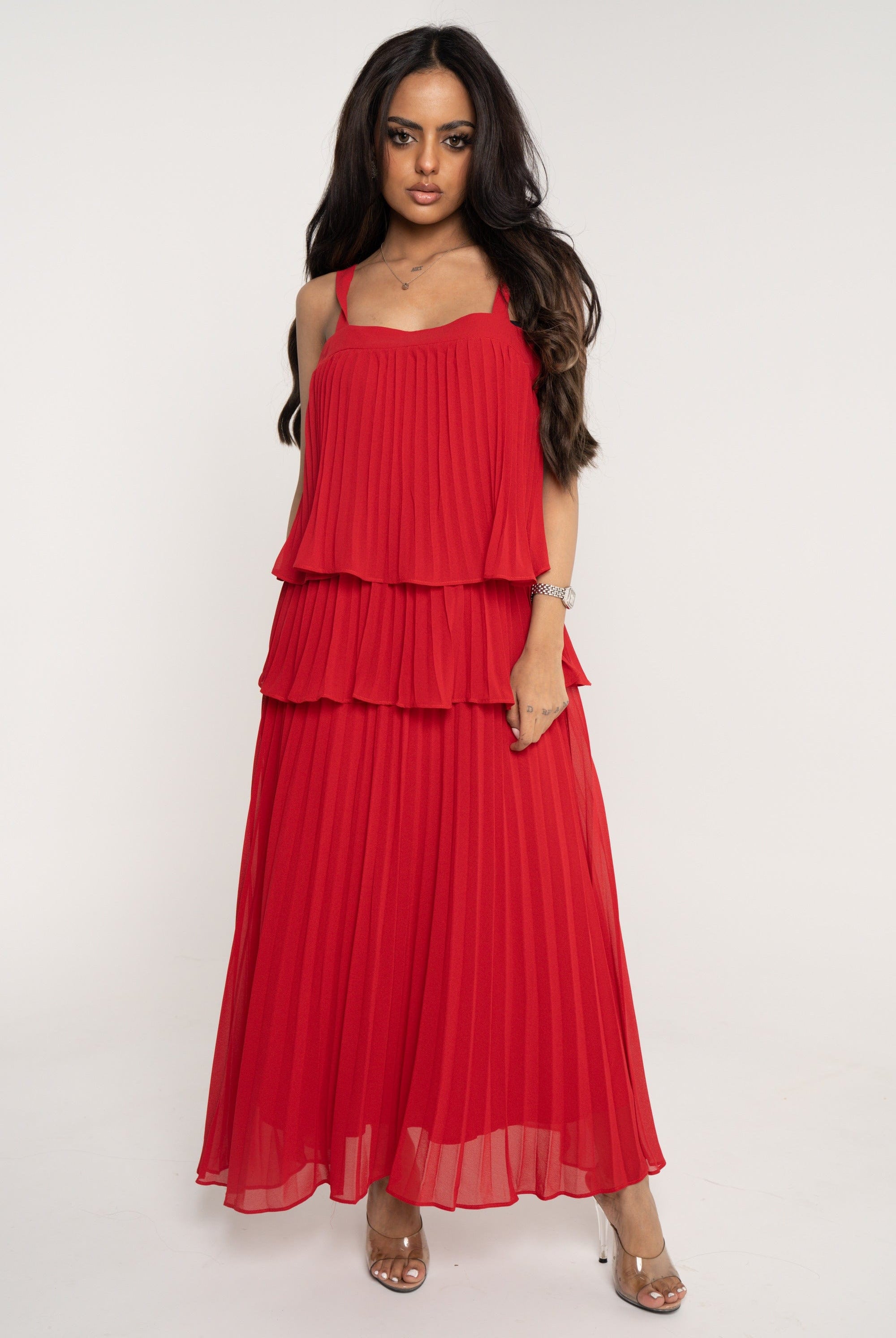 ميكا فستان ميدي بدون أكمام طبقات بليسية