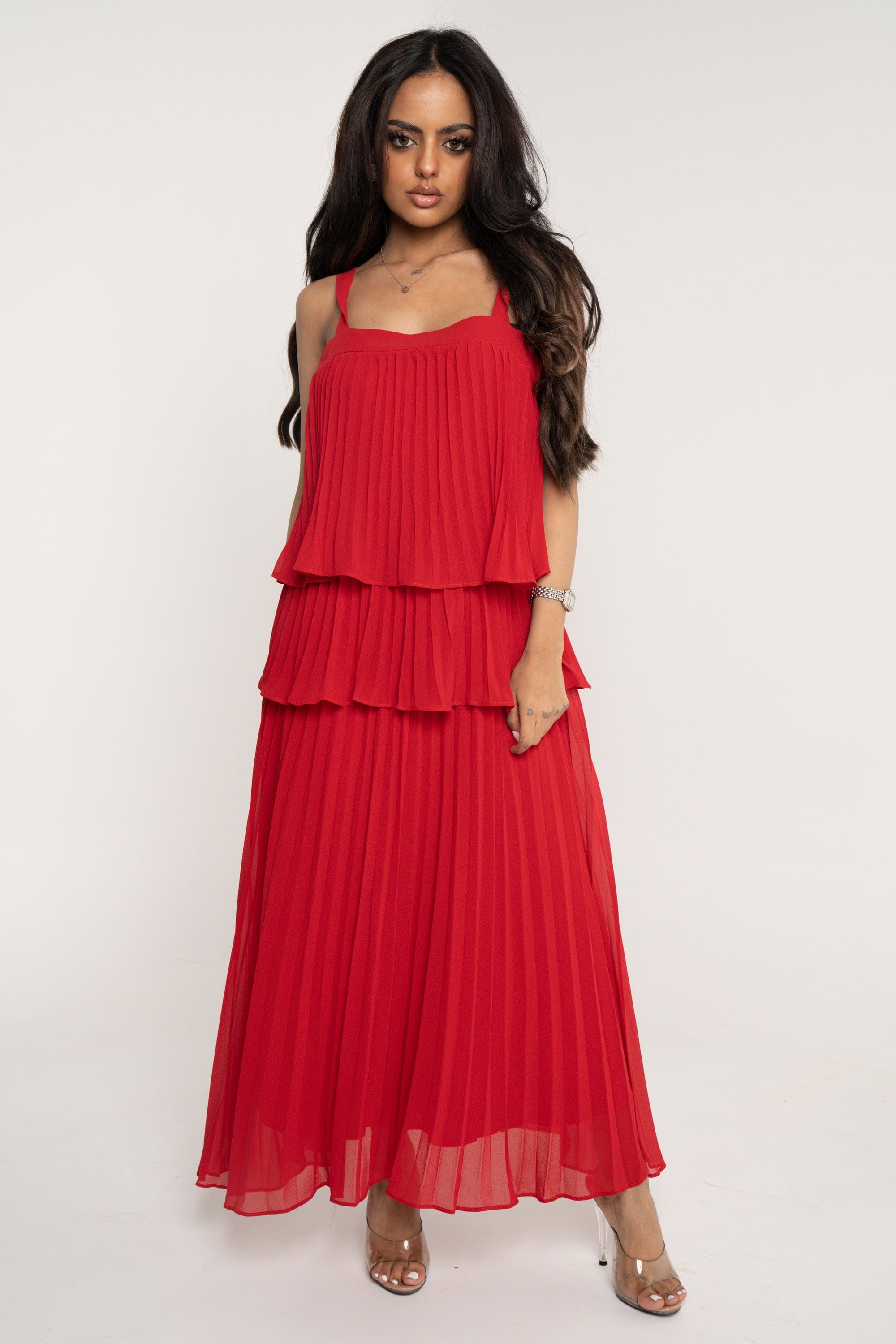 ميكا فستان ميدي بدون أكمام طبقات بليسية