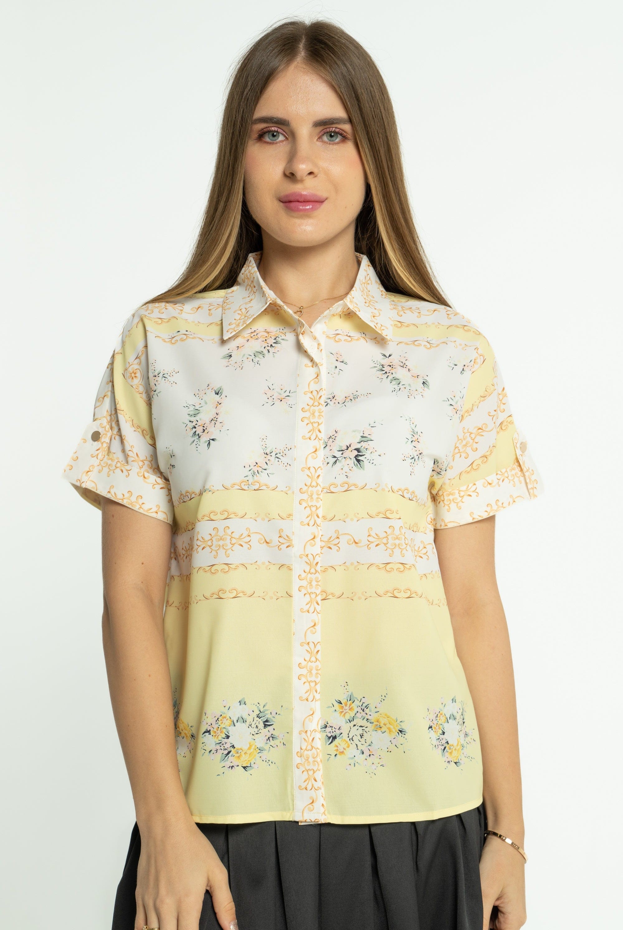 ميكا قميص مشجر بأزرار أمامية نص كم نسائي