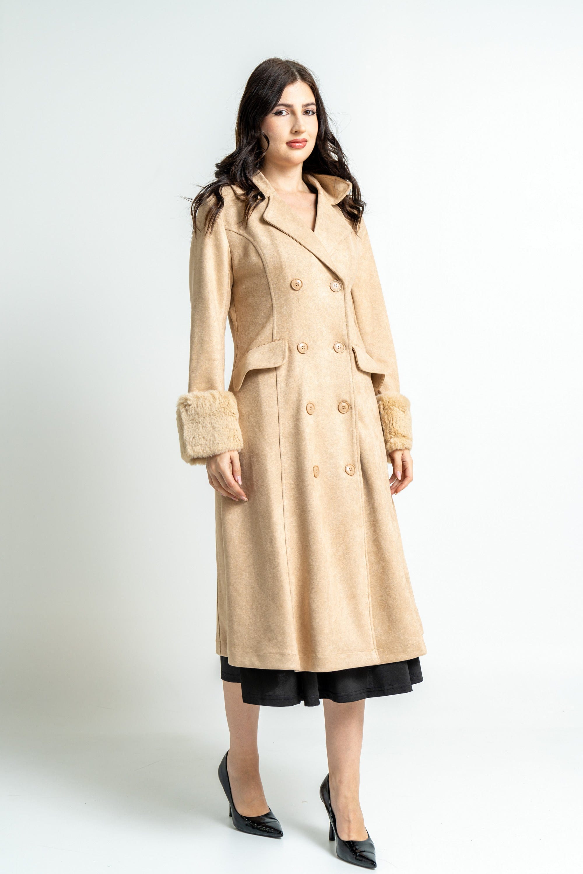 ميكا بالطو نسائي شامواة طويل شتوي بأكمام طويلة مزينة بفرو