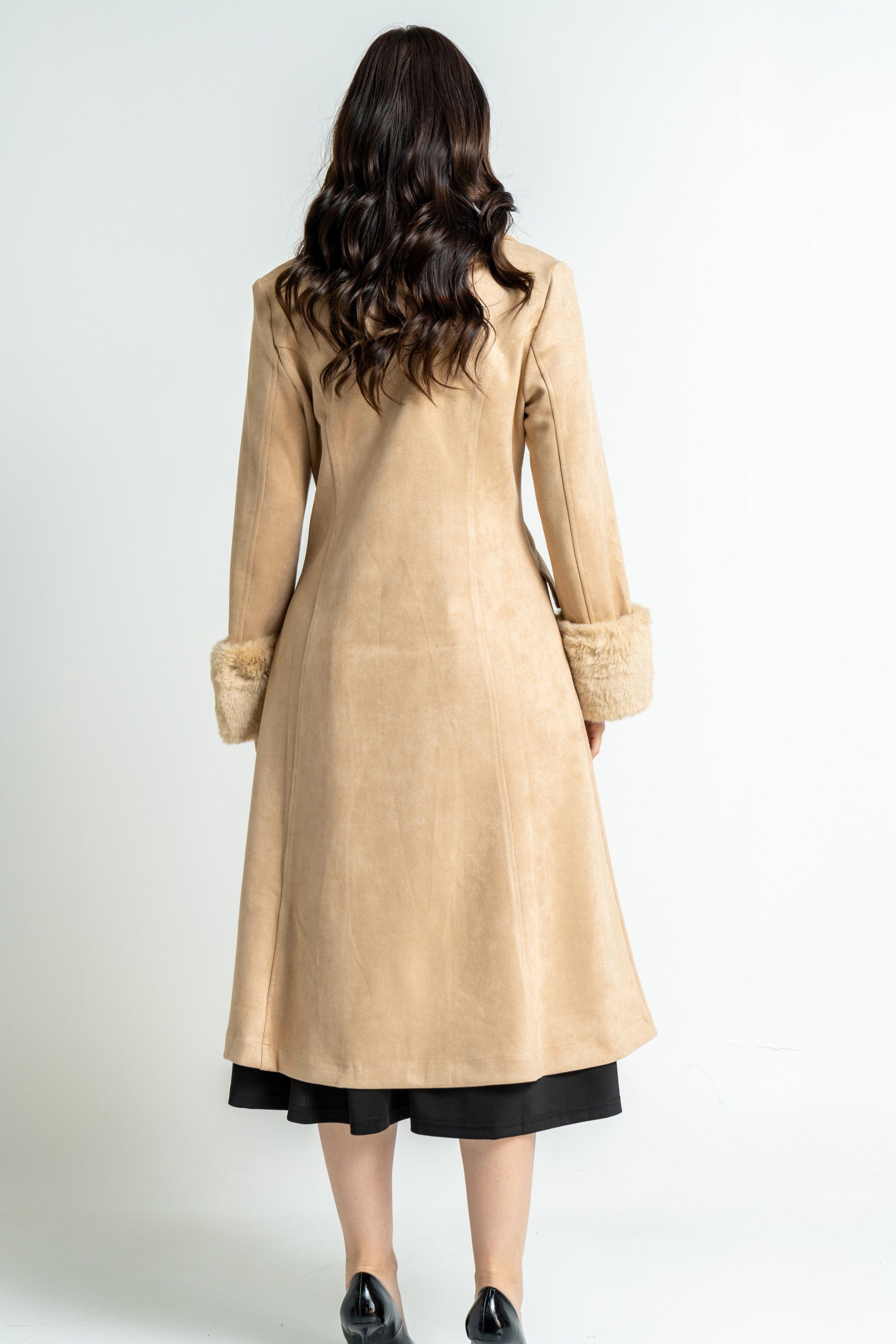 ميكا بالطو نسائي شامواة طويل شتوي بأكمام طويلة مزينة بفرو