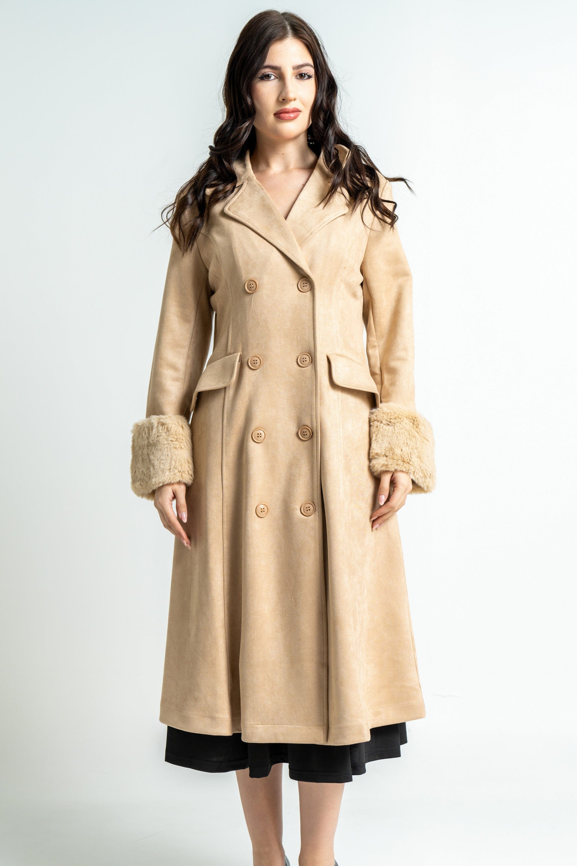 ميكا بالطو نسائي شامواة طويل شتوي بأكمام طويلة مزينة بفرو