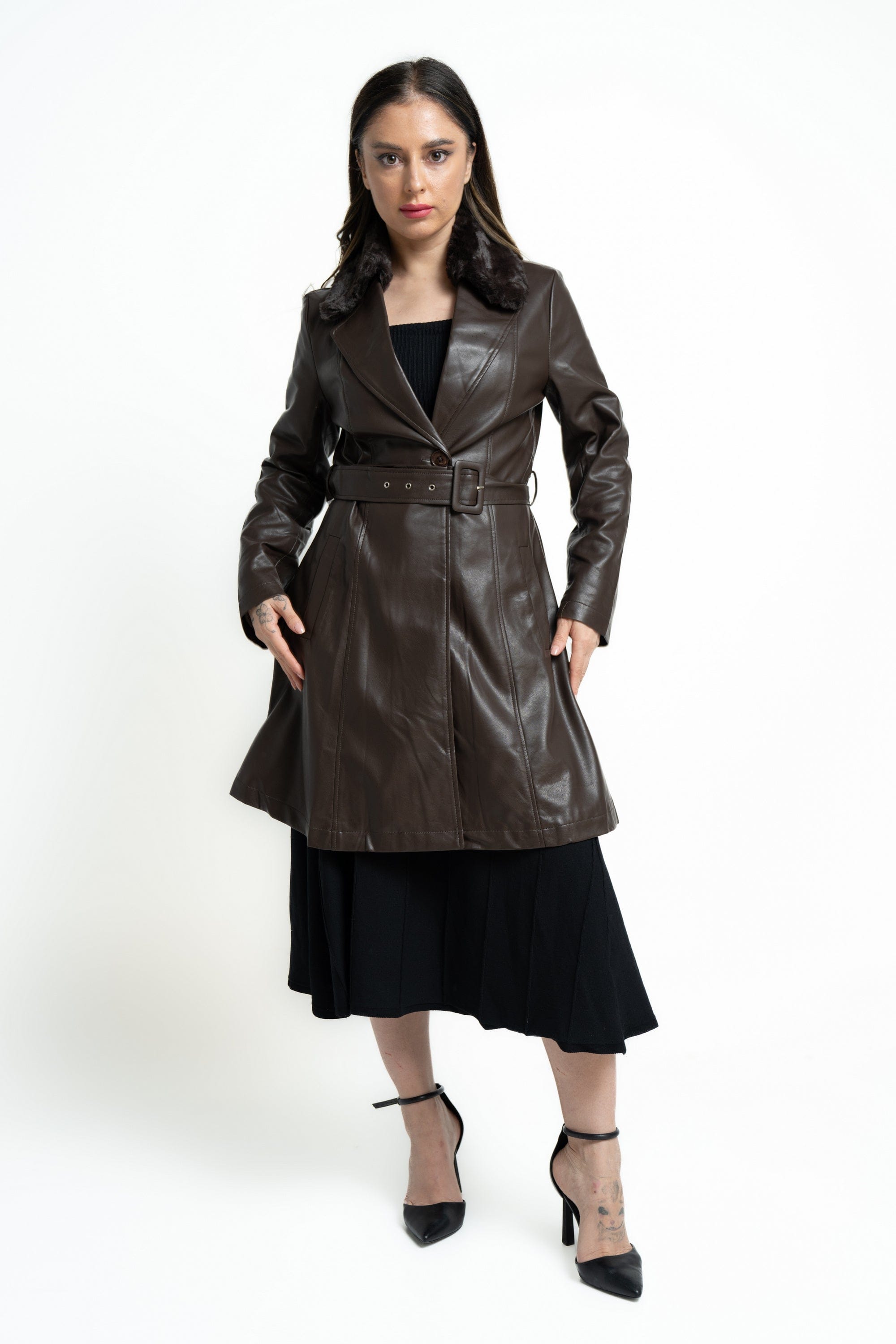 ميكا بالطو قصير فوق الركبة جلد بحزام على الخصر