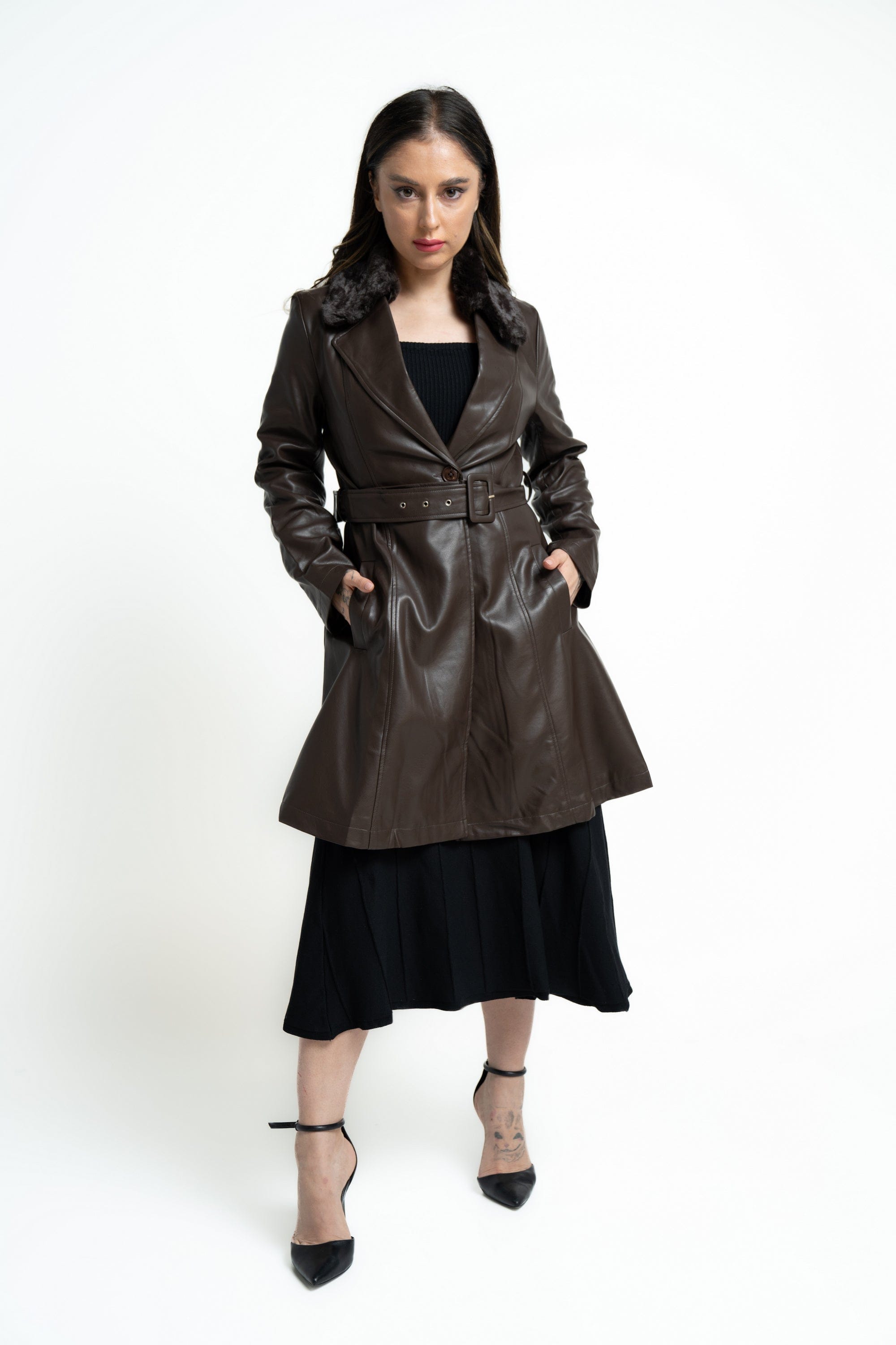 ميكا بالطو قصير فوق الركبة جلد بحزام على الخصر