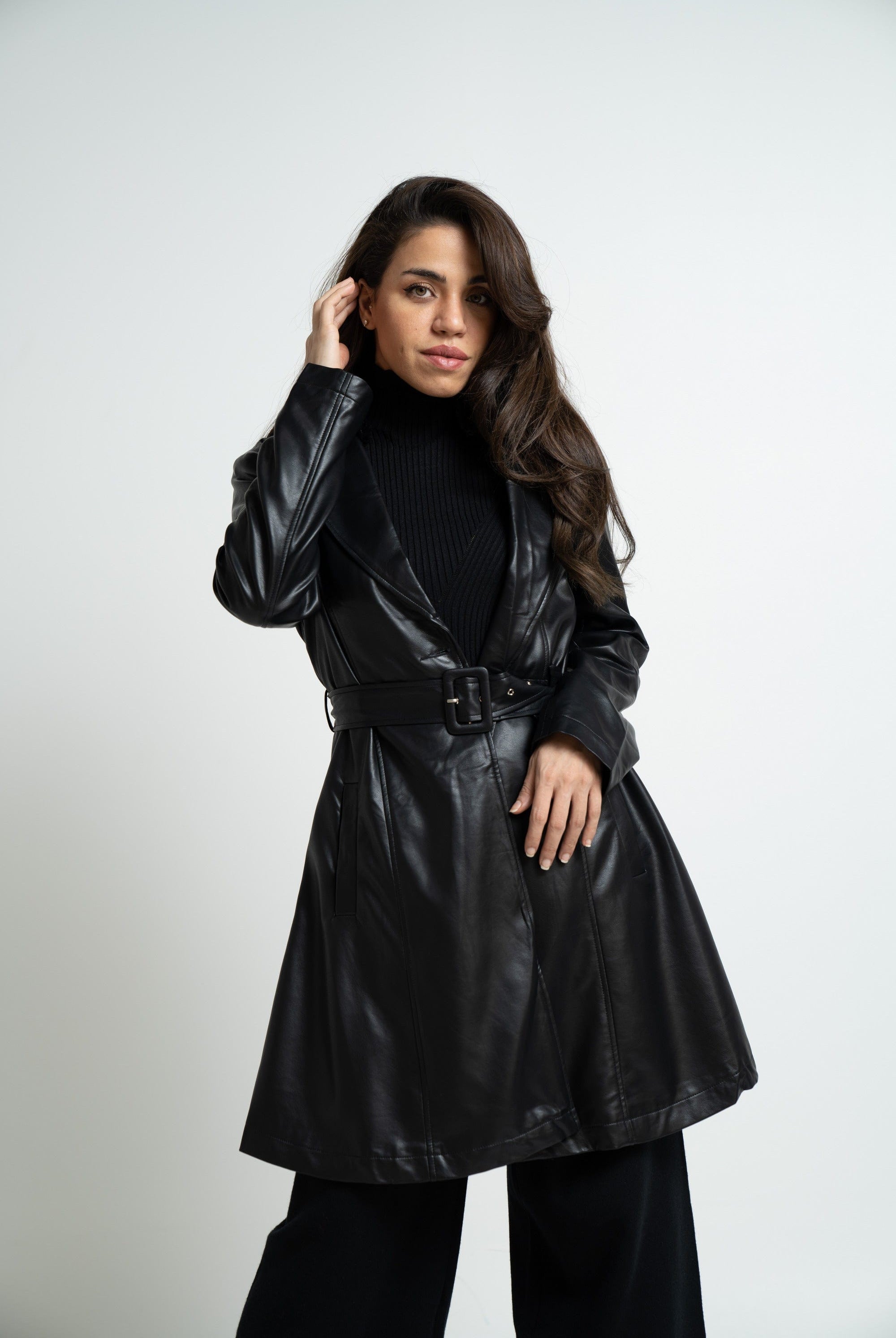 ميكا بالطو قصير فوق الركبة جلد بحزام على الخصر