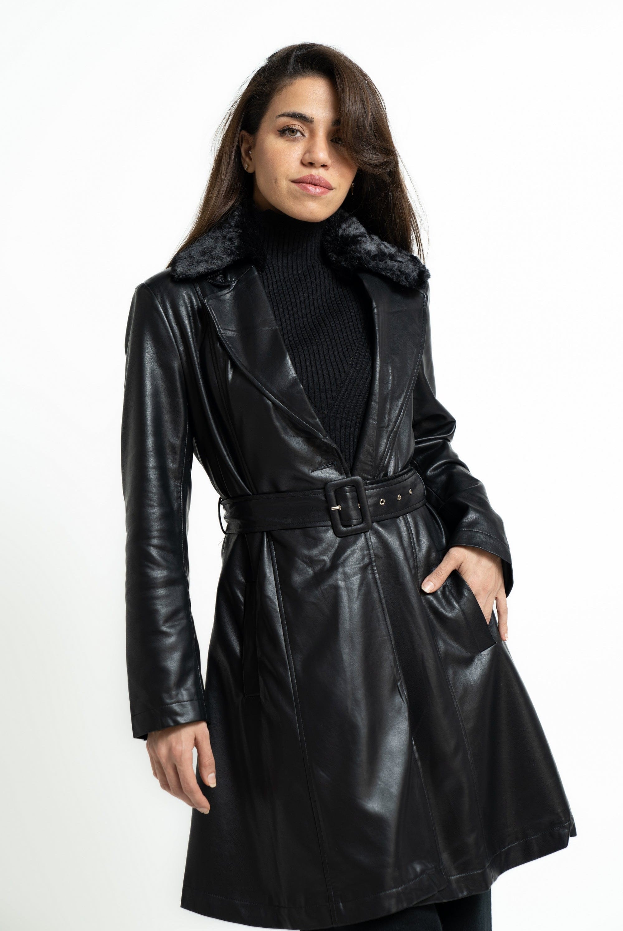 ميكا بالطو قصير فوق الركبة جلد بحزام على الخصر