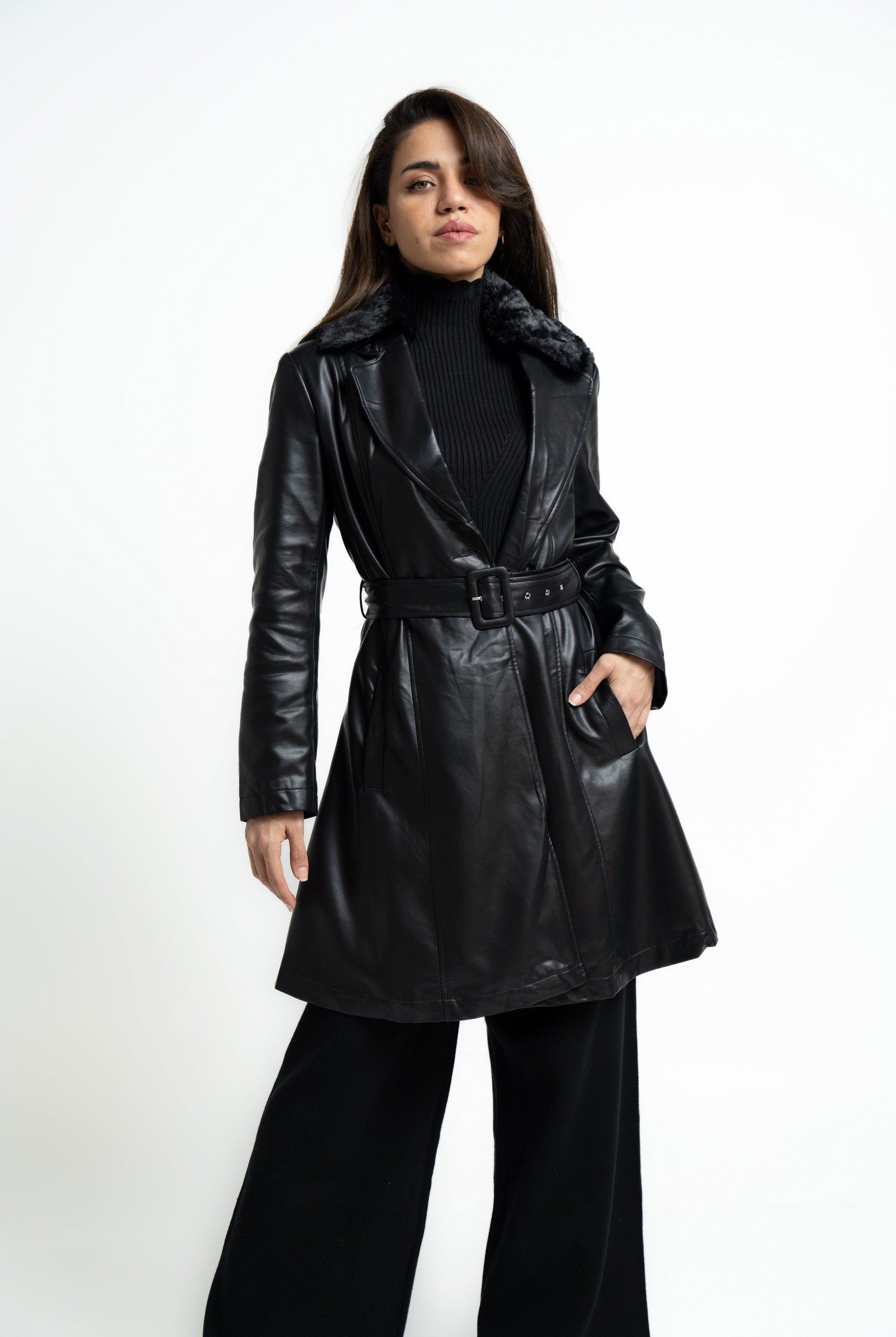 ميكا بالطو قصير فوق الركبة جلد بحزام على الخصر