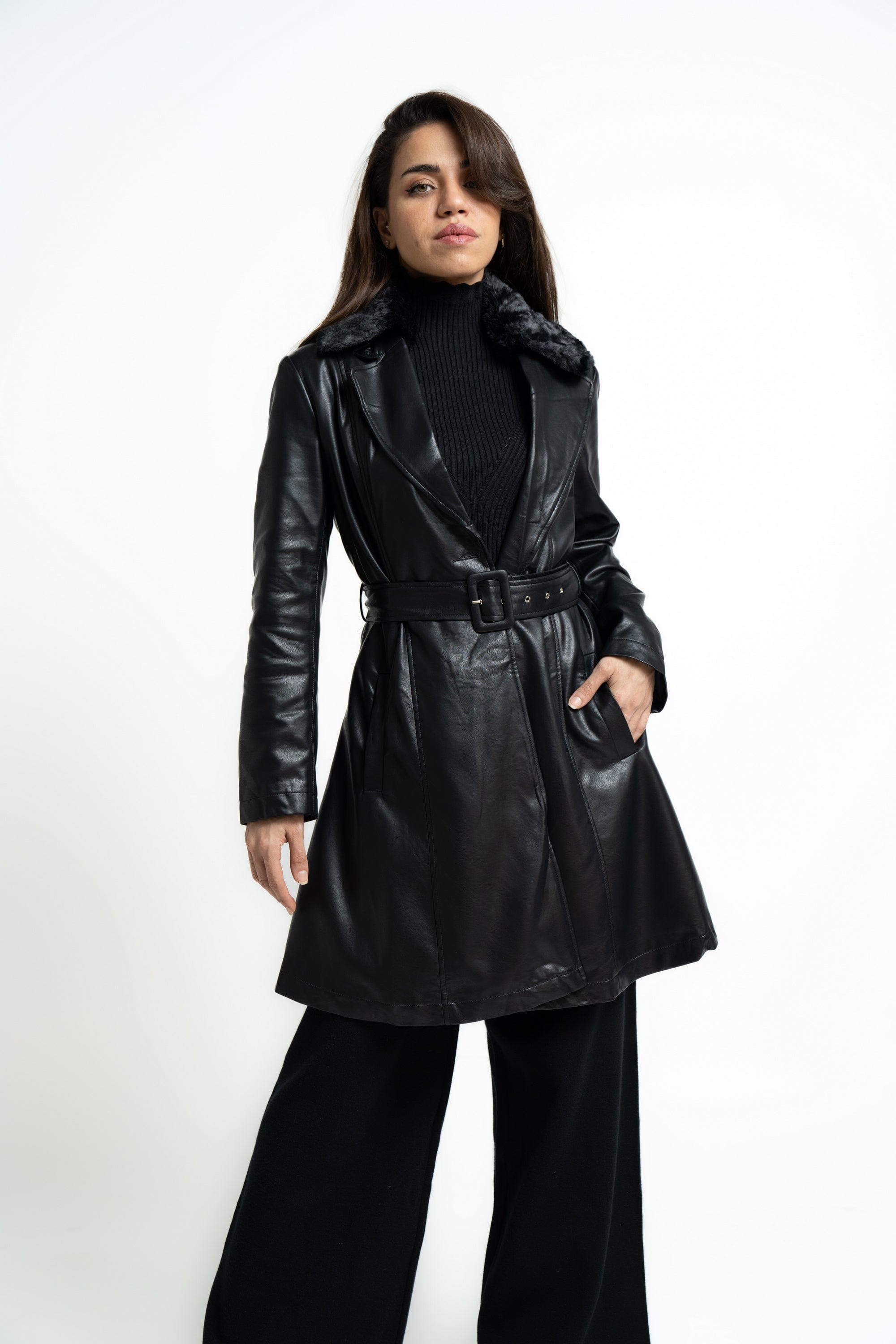 ميكا بالطو قصير فوق الركبة جلد بحزام على الخصر