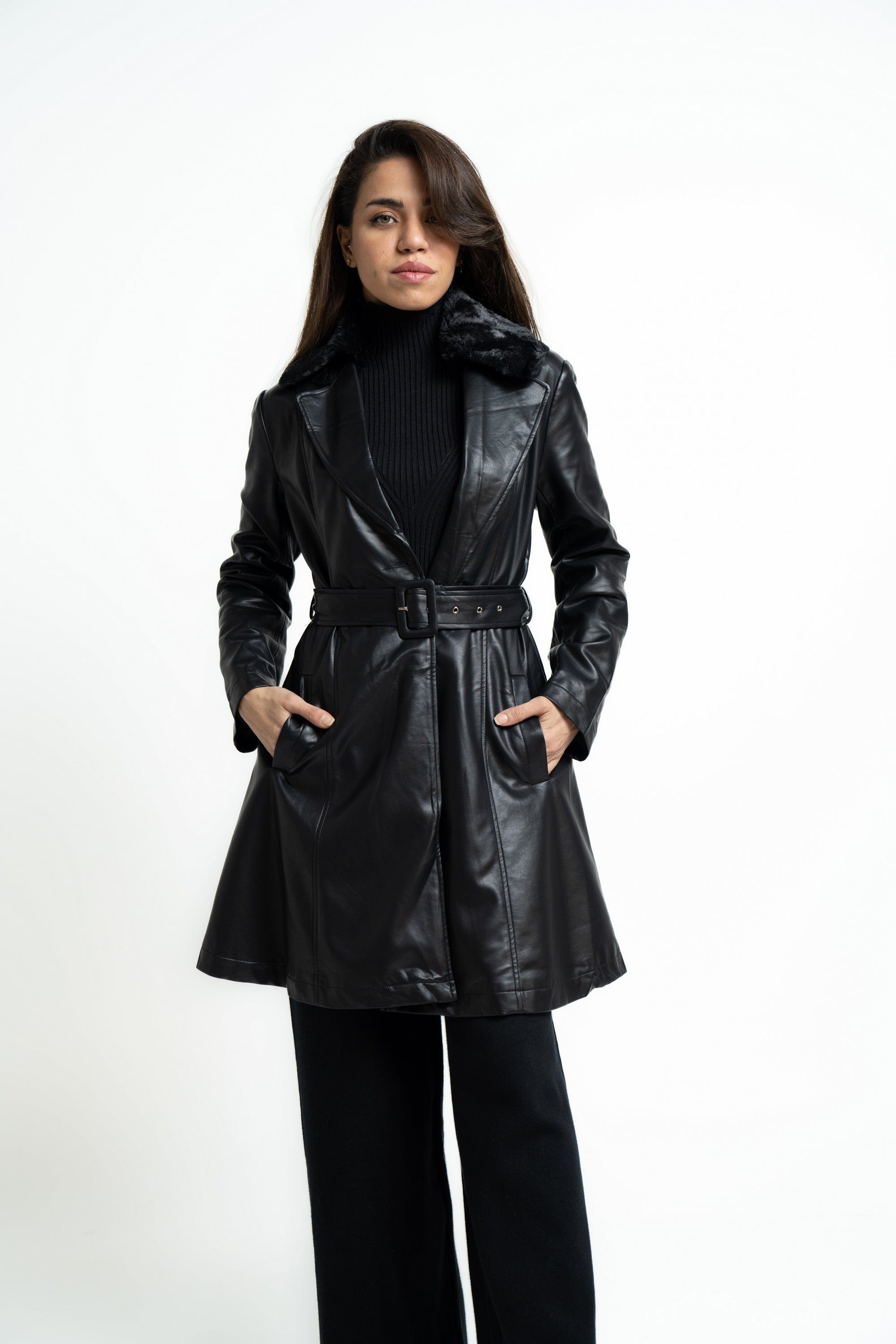 ميكا بالطو قصير فوق الركبة جلد بحزام على الخصر