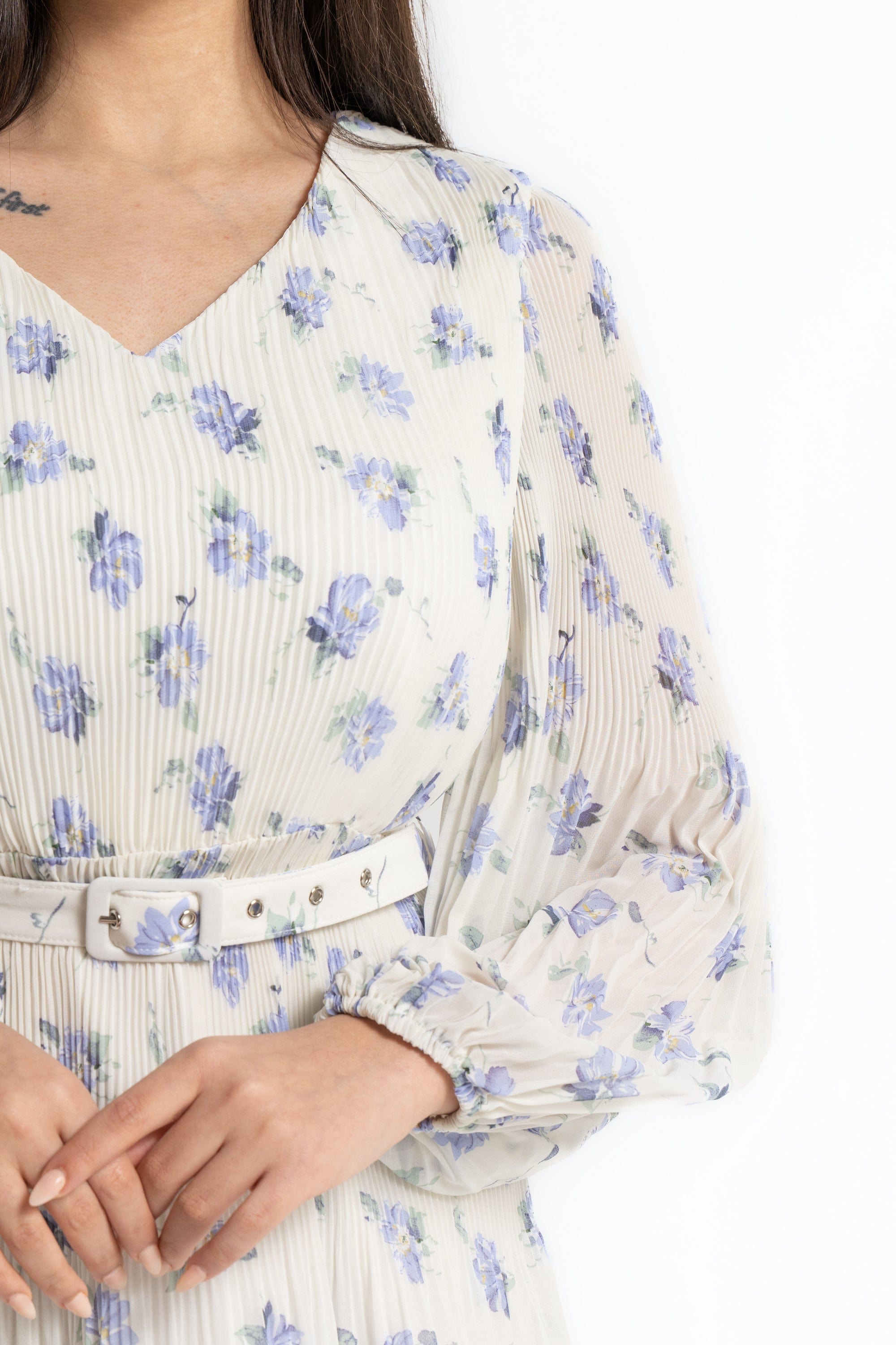 ميكا فستان ميدي بأكمام طويلة مورد كم طويل نسائي